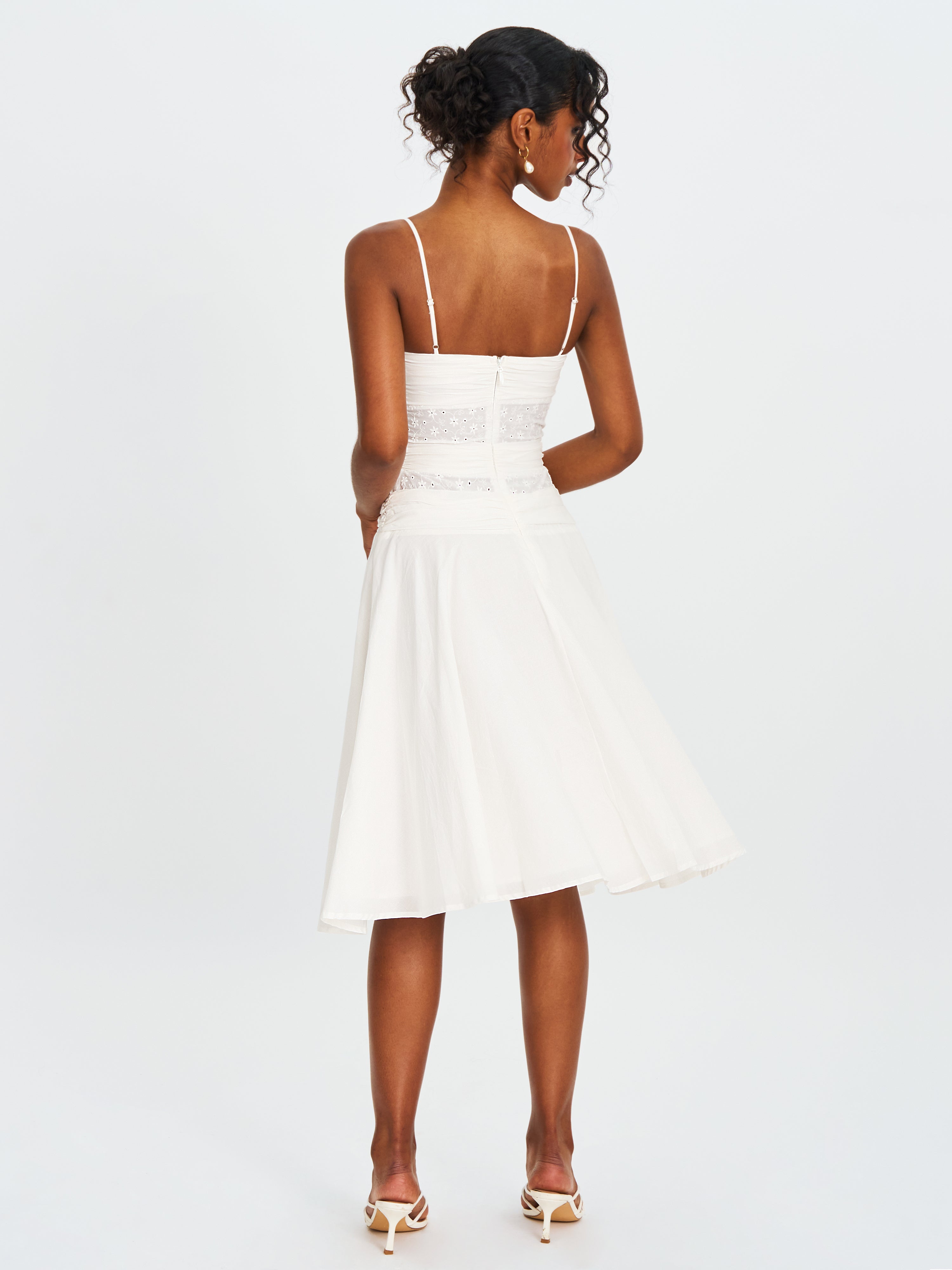 Maelis White Eyelet Drop Waist Cotton Midi Dress