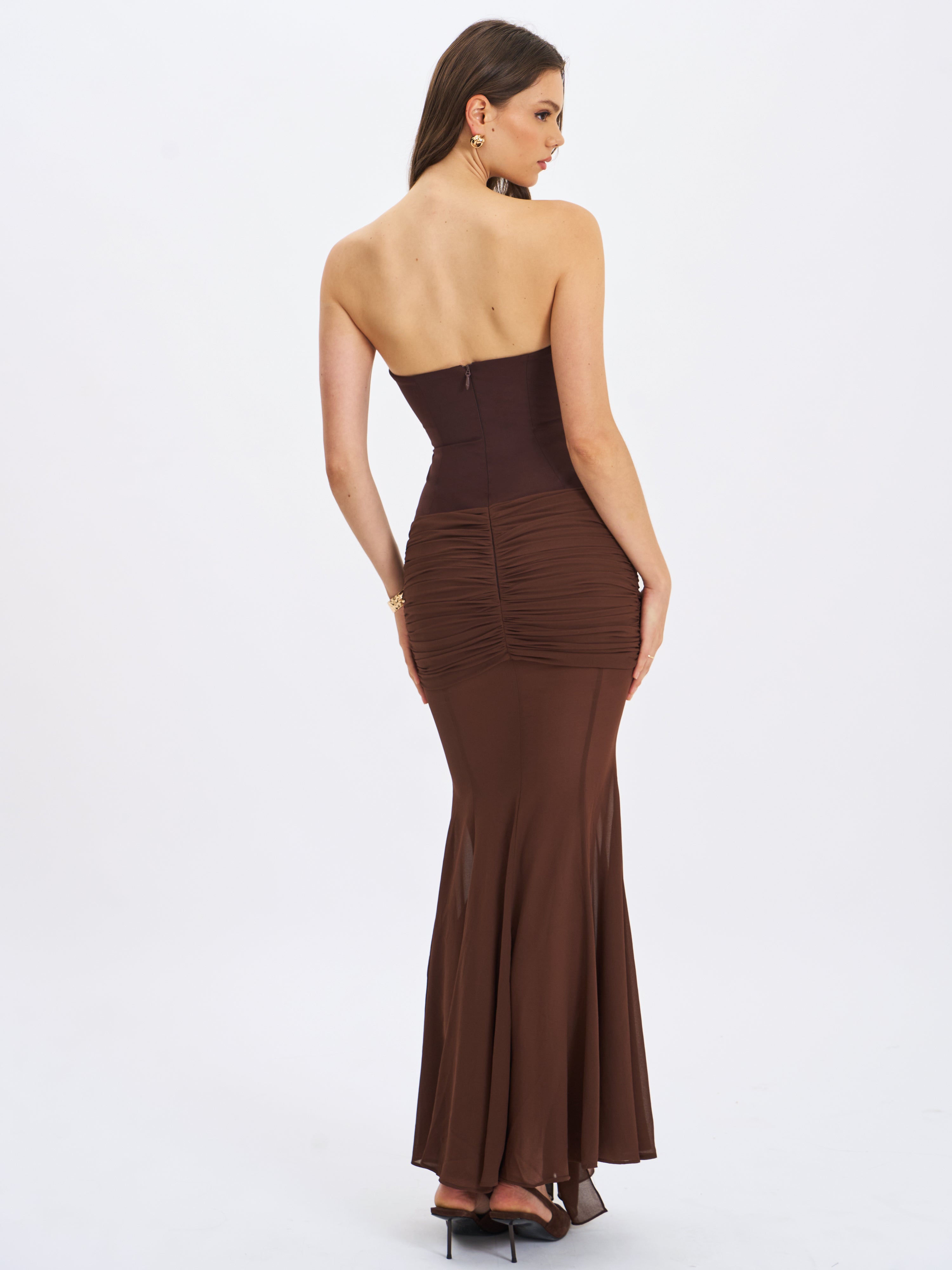 Giovana Espresso Sweetheart Draped Mesh Mermaid Maxi Dress