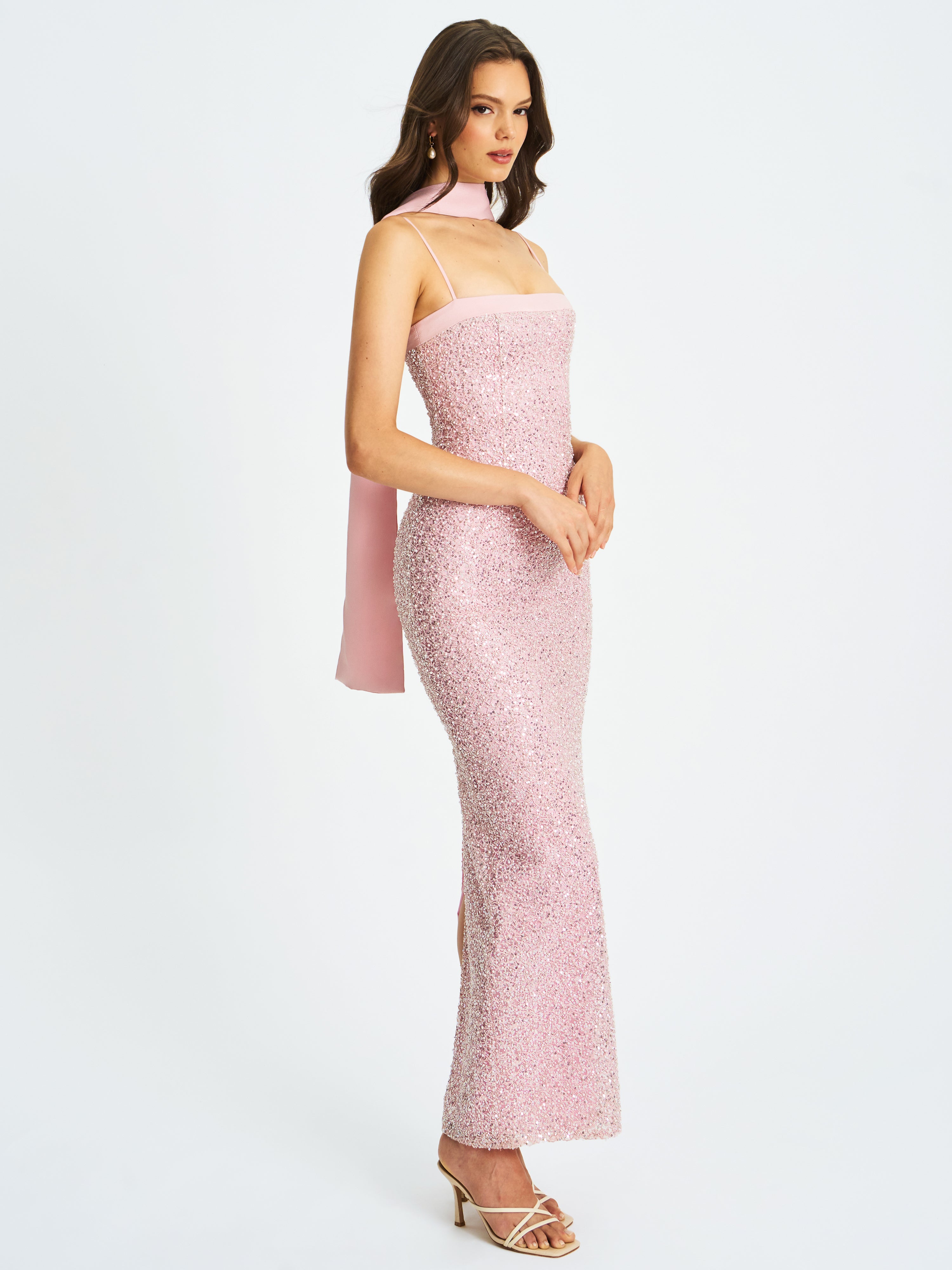 Raizel Pink Beaded Sequin Bodycon Gown with Scarf