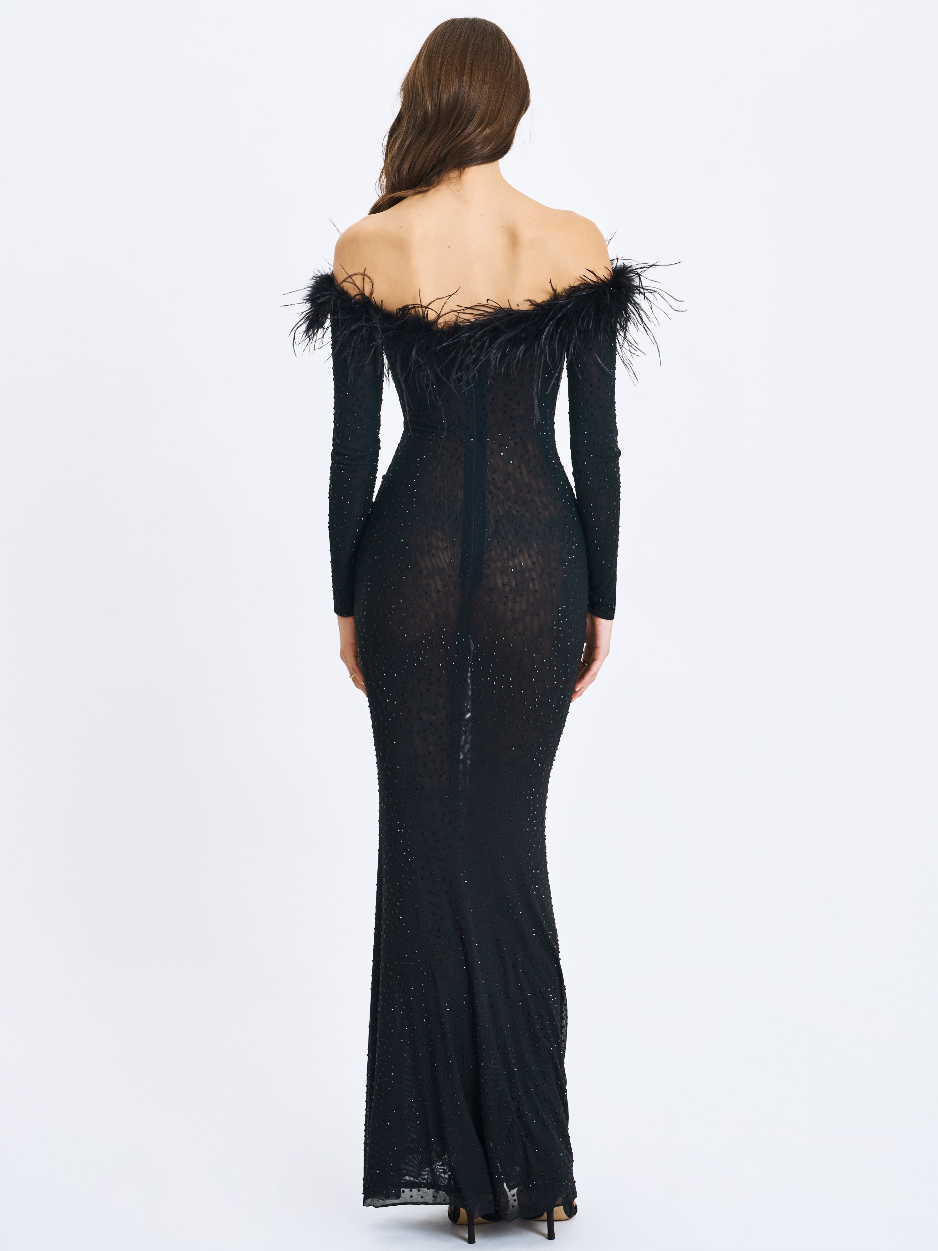 Emberly Black Fur Trimmed Off-Shoulder Rhinestone Mesh Mermaid Dress