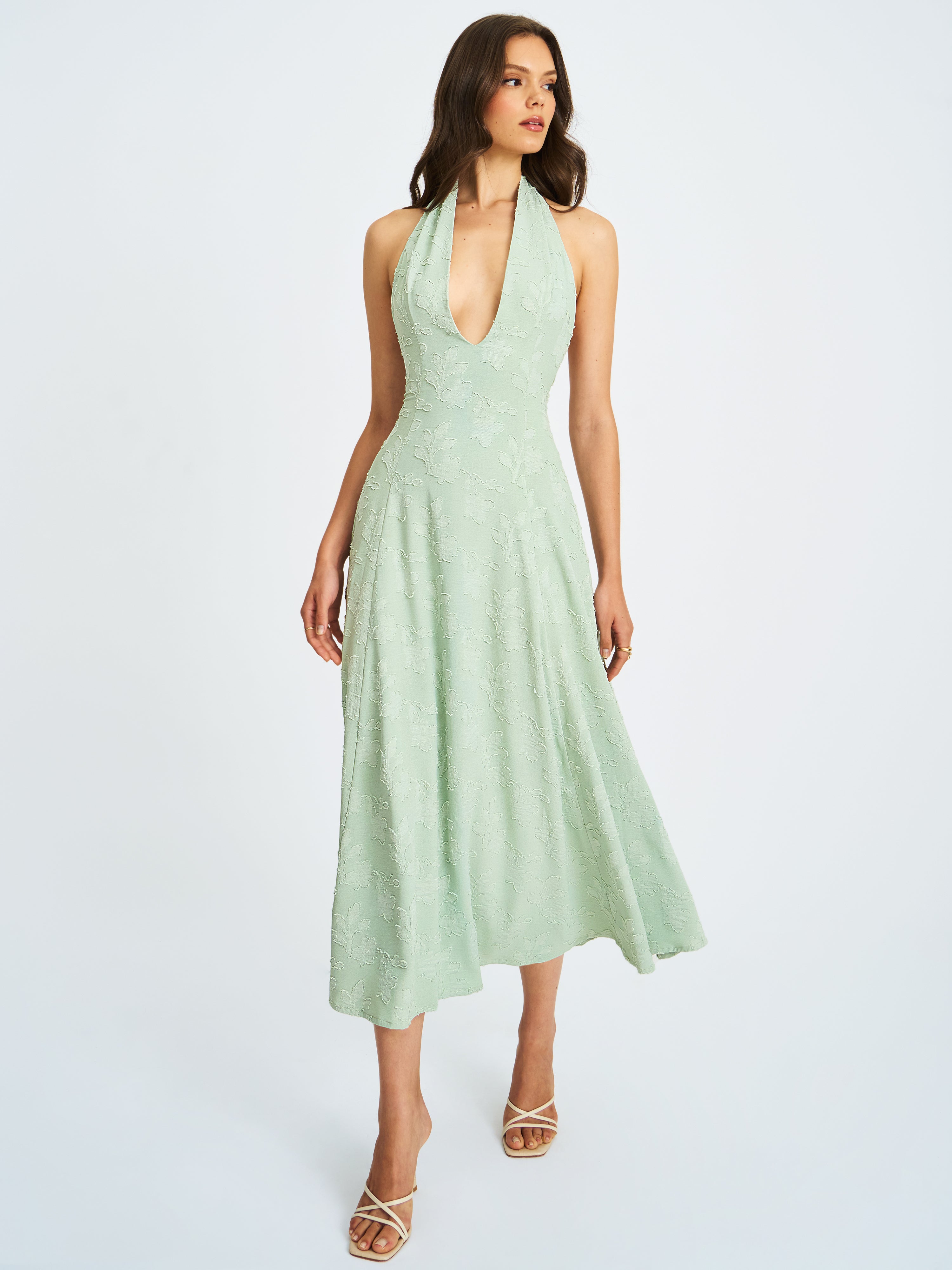 Magda Mint Green Deep V Neck Halter A-line Midi Dress