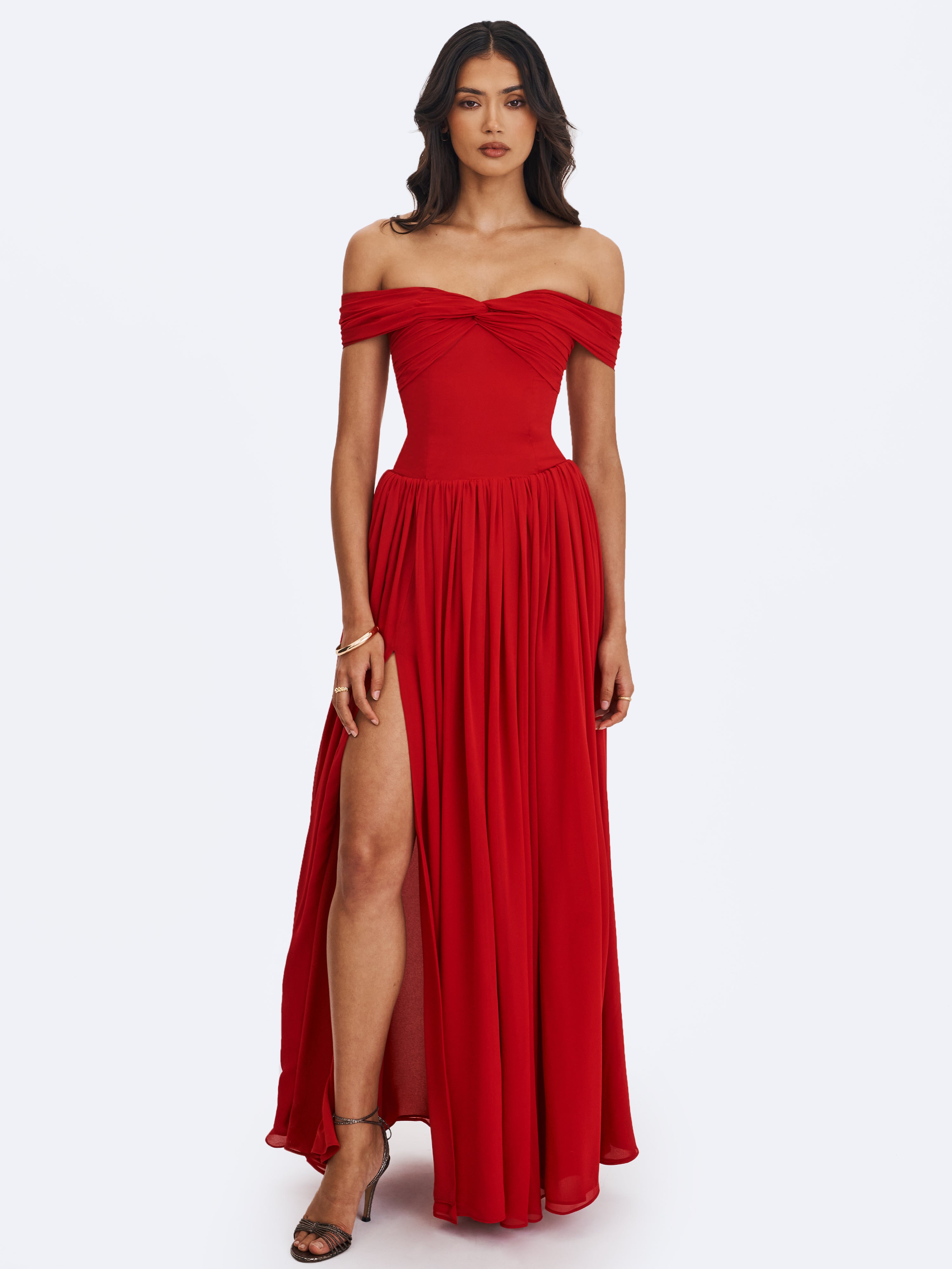 Tereza Crimson Georgette Bardot High-Slit Maxi Dress