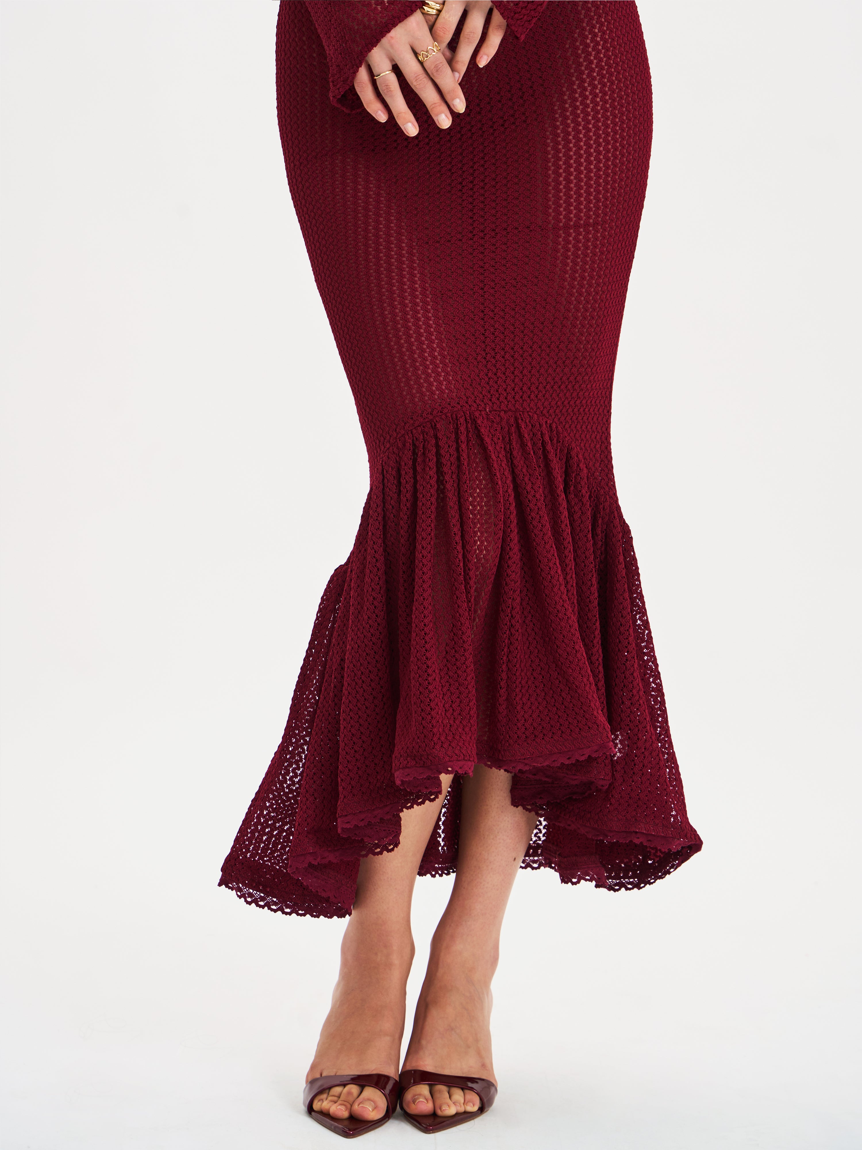 Kaedyn Burgundy Off Shoulder Long Sleeve Crochet Mermaid Maxi Dress