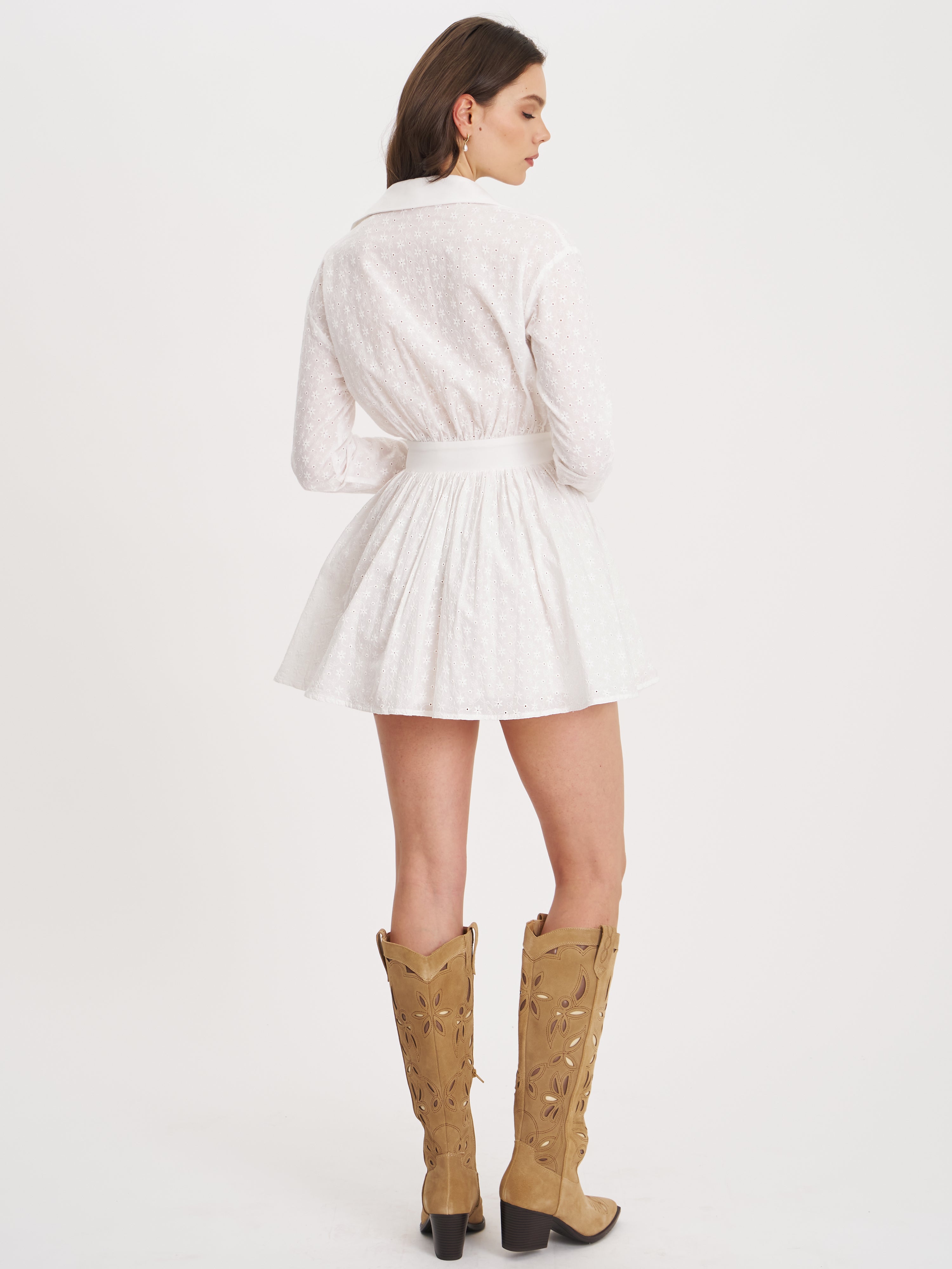 Gabriella White Cotton Eyelet Button Up Long Sleeve Shirt Dress