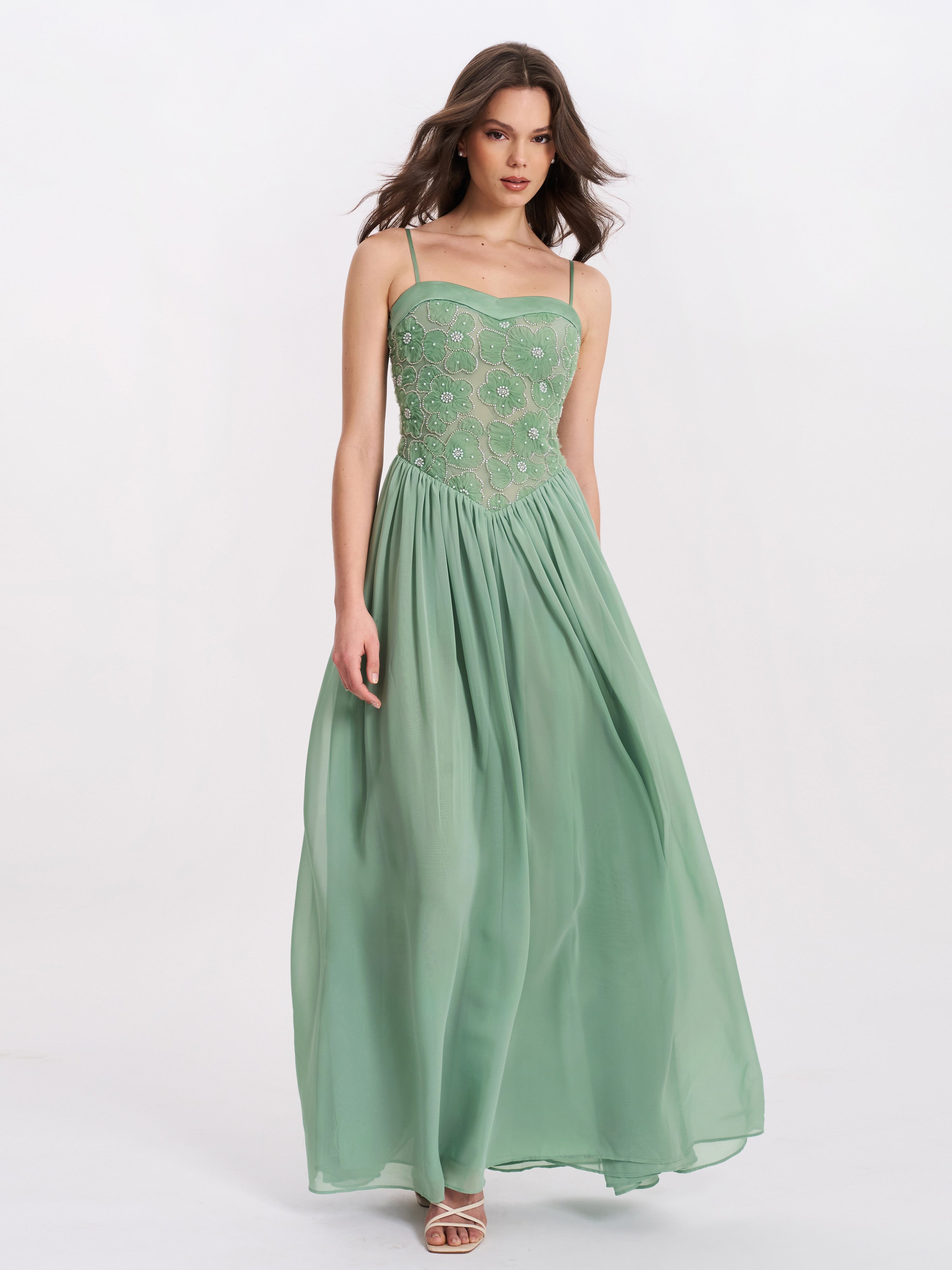 Ucille Sage Green Embroidered Chiffon Maxi Dress (Archive Sale)