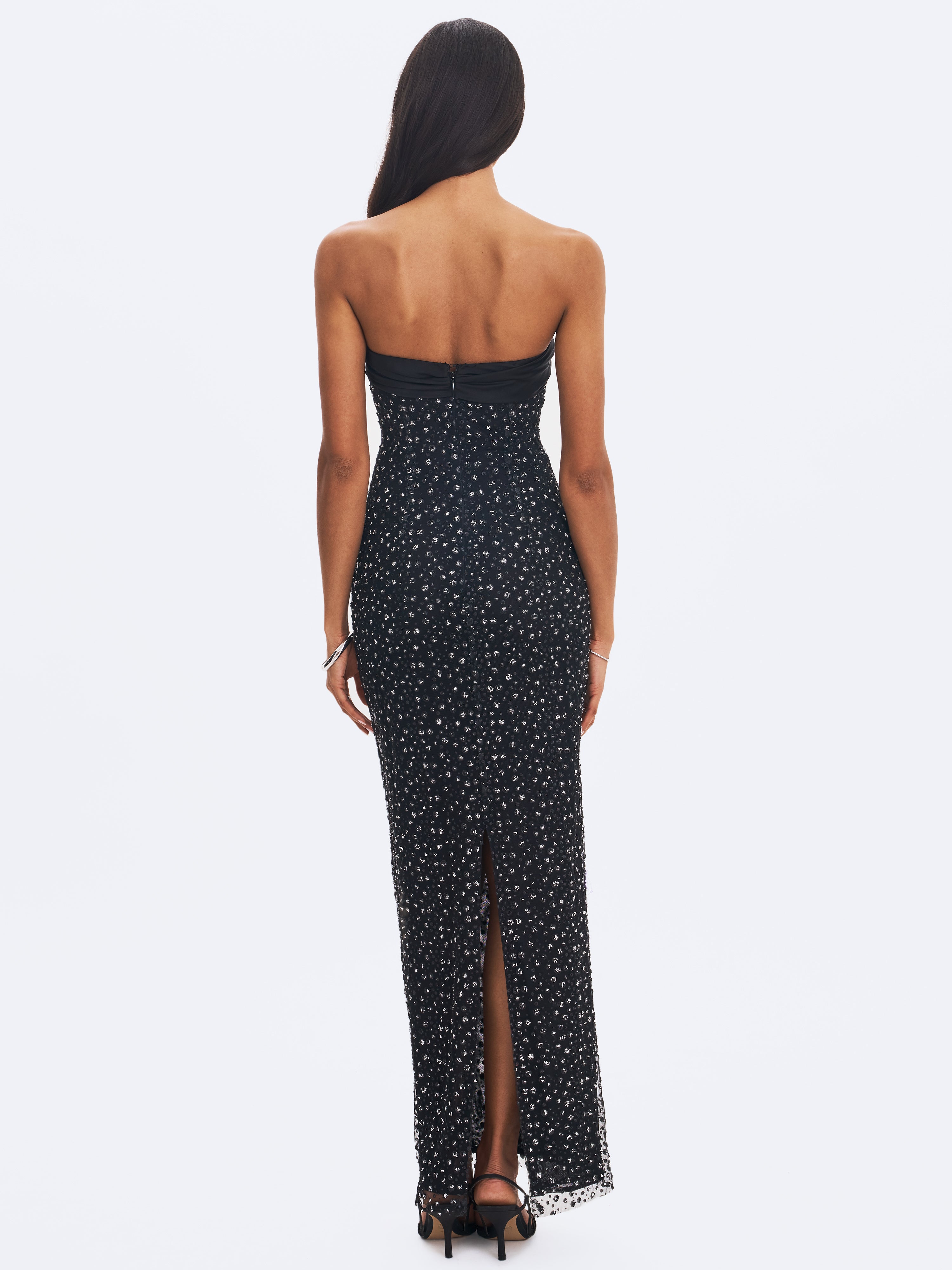 Preslie Black Satin & Crystal Mesh Sheath Maxi Dress