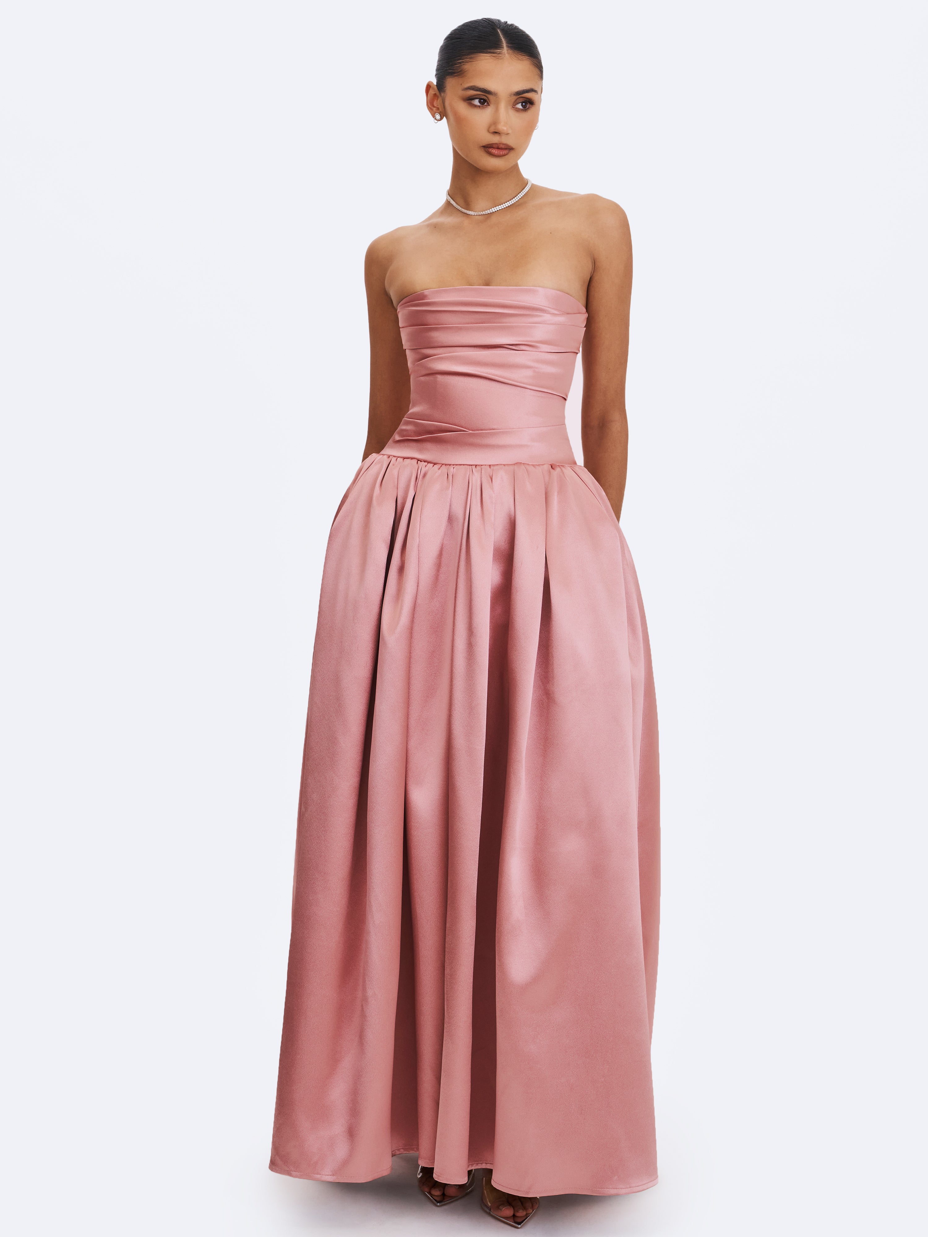 Willette Deep Rose Satin Strapless Gathered Maxi Dress
