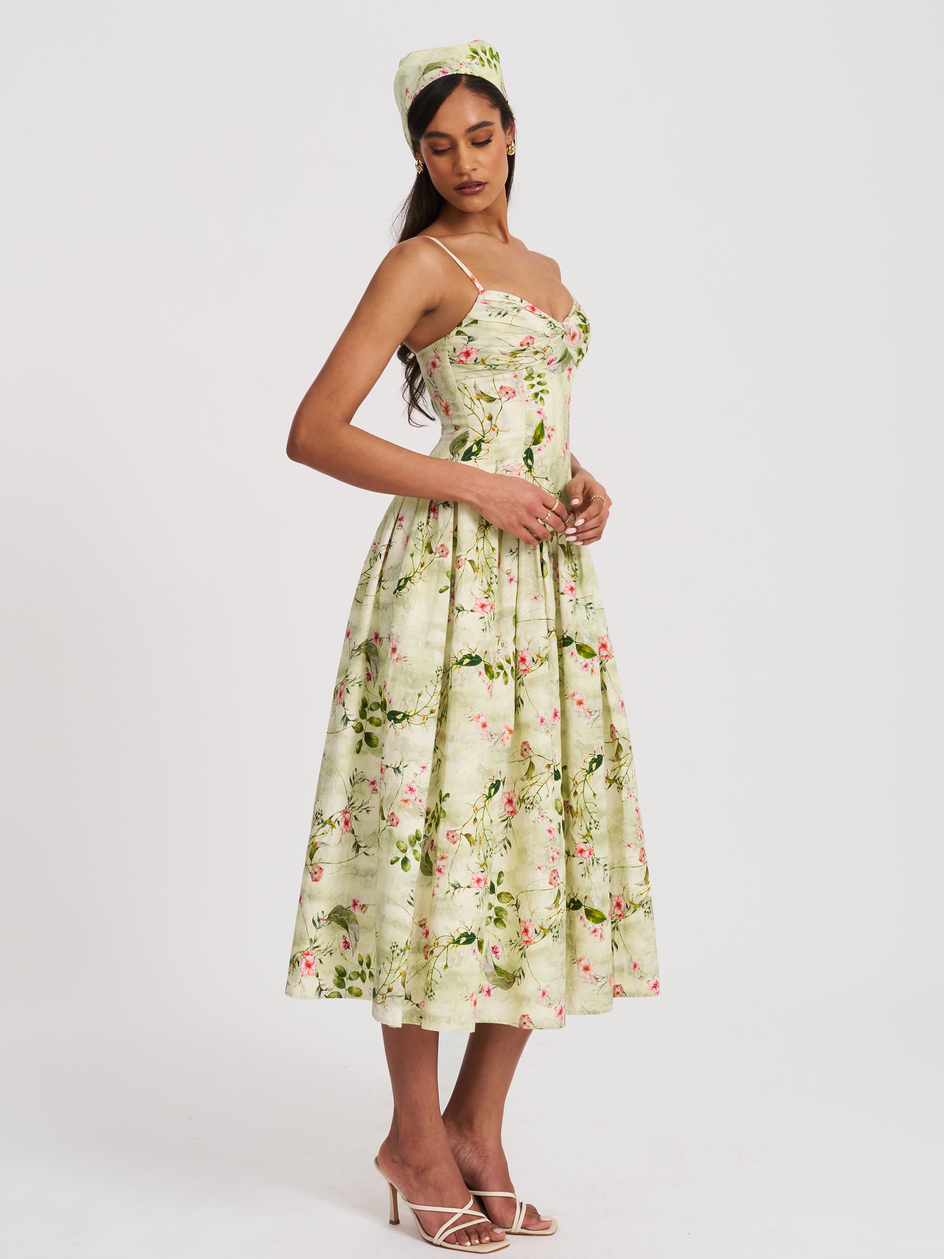 Jacinda Green Floral Print Ruched Breast Linen Midi Dress