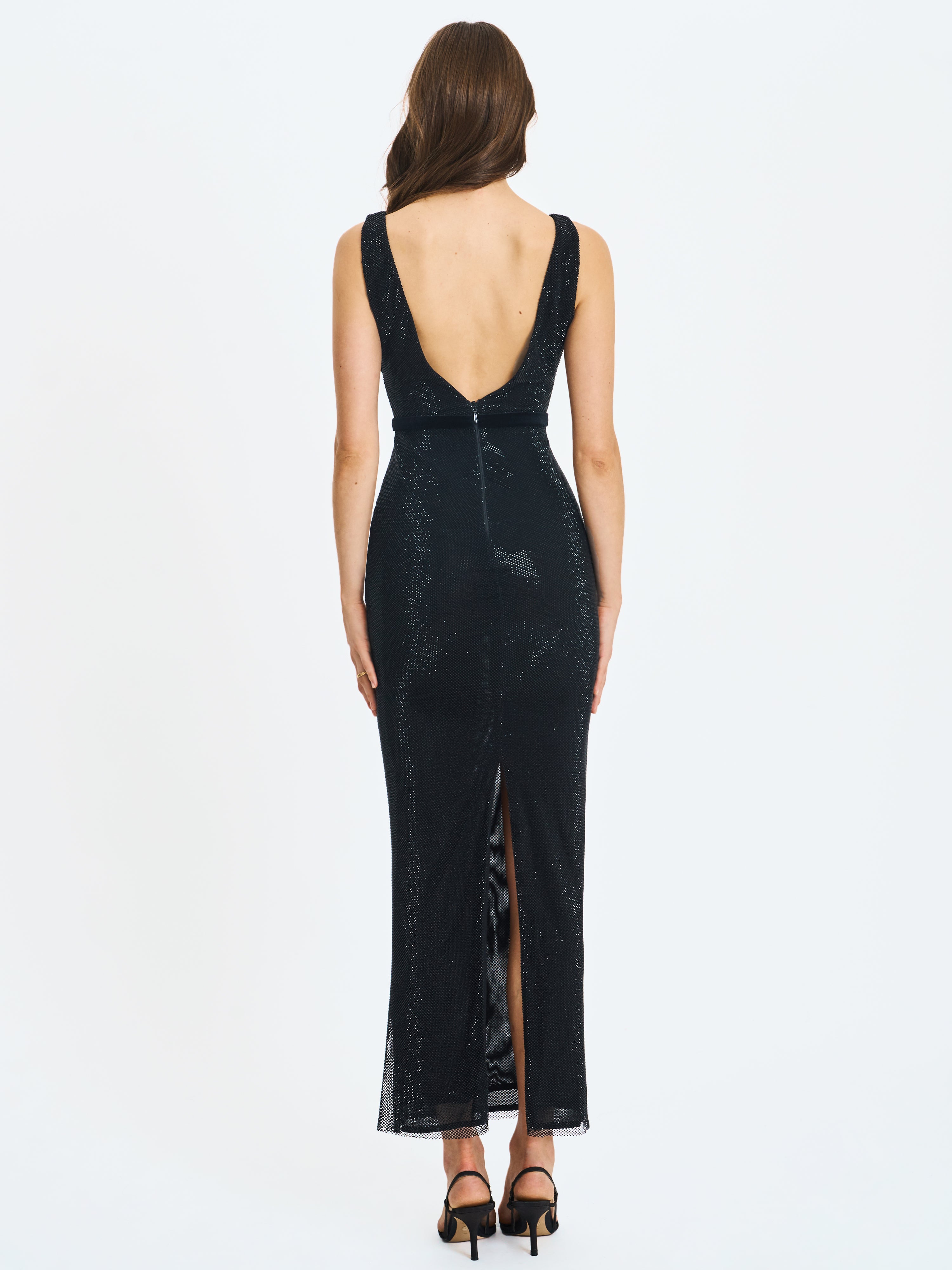 Olympia Black Belted Bow Plunging Rhinestone Maxi Dress