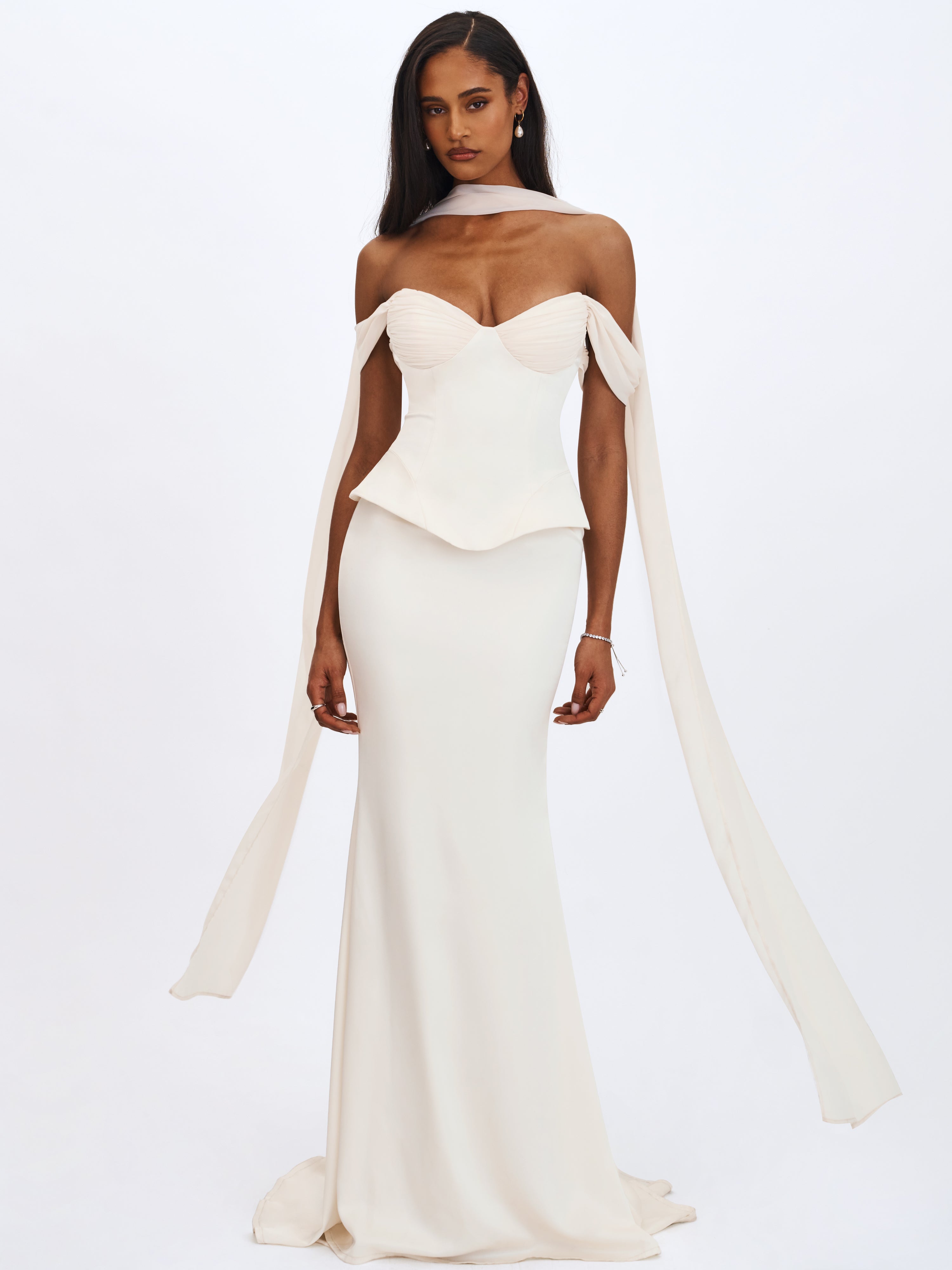 Jessalyn Ivory Sweetheart Peplum Mermaid Wedding Dress with Chiffon Scarf (PREORDER)