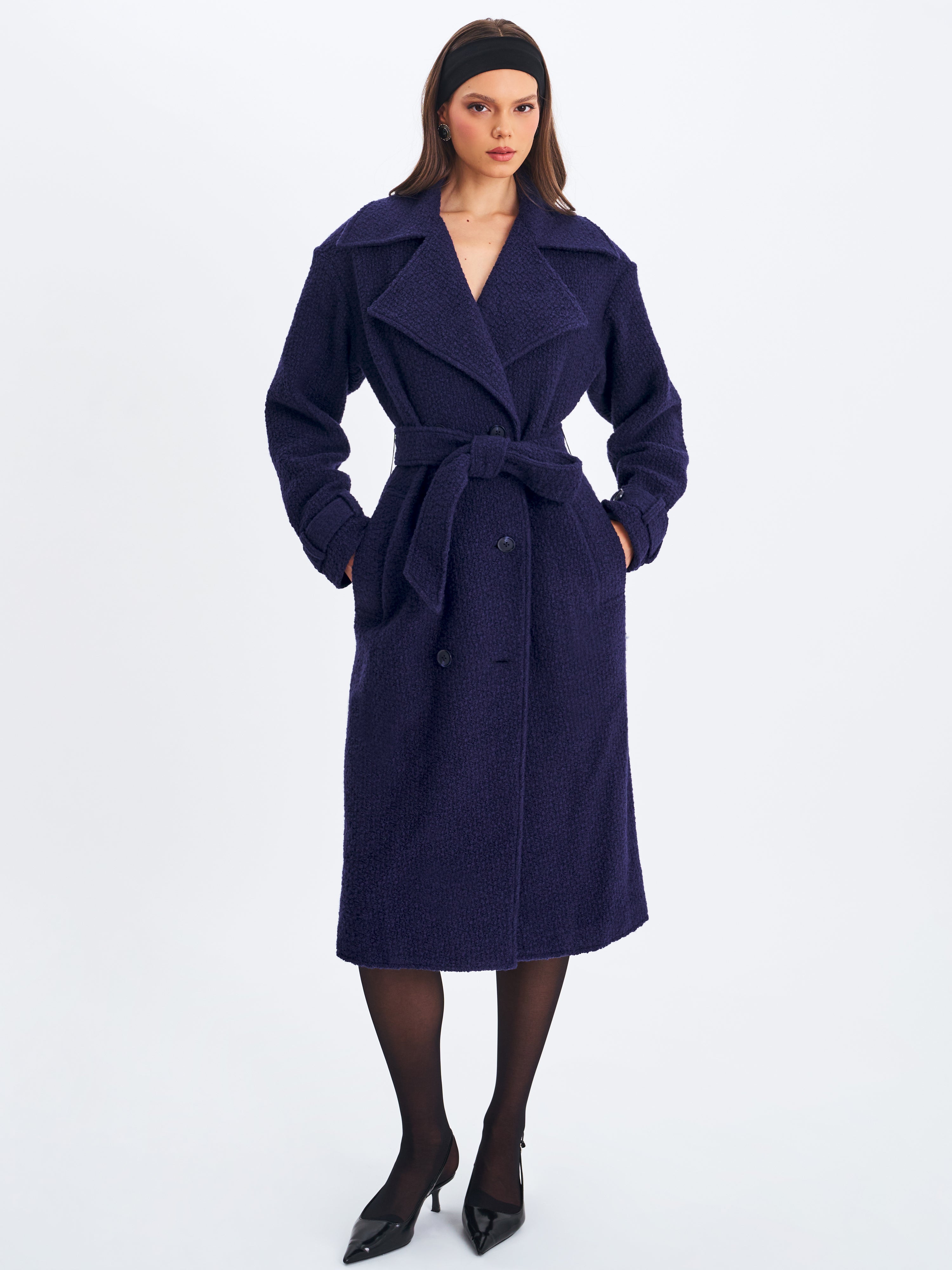 Jaelyn Midnight Blue Wool Blend Double-Breasted Belted Coat