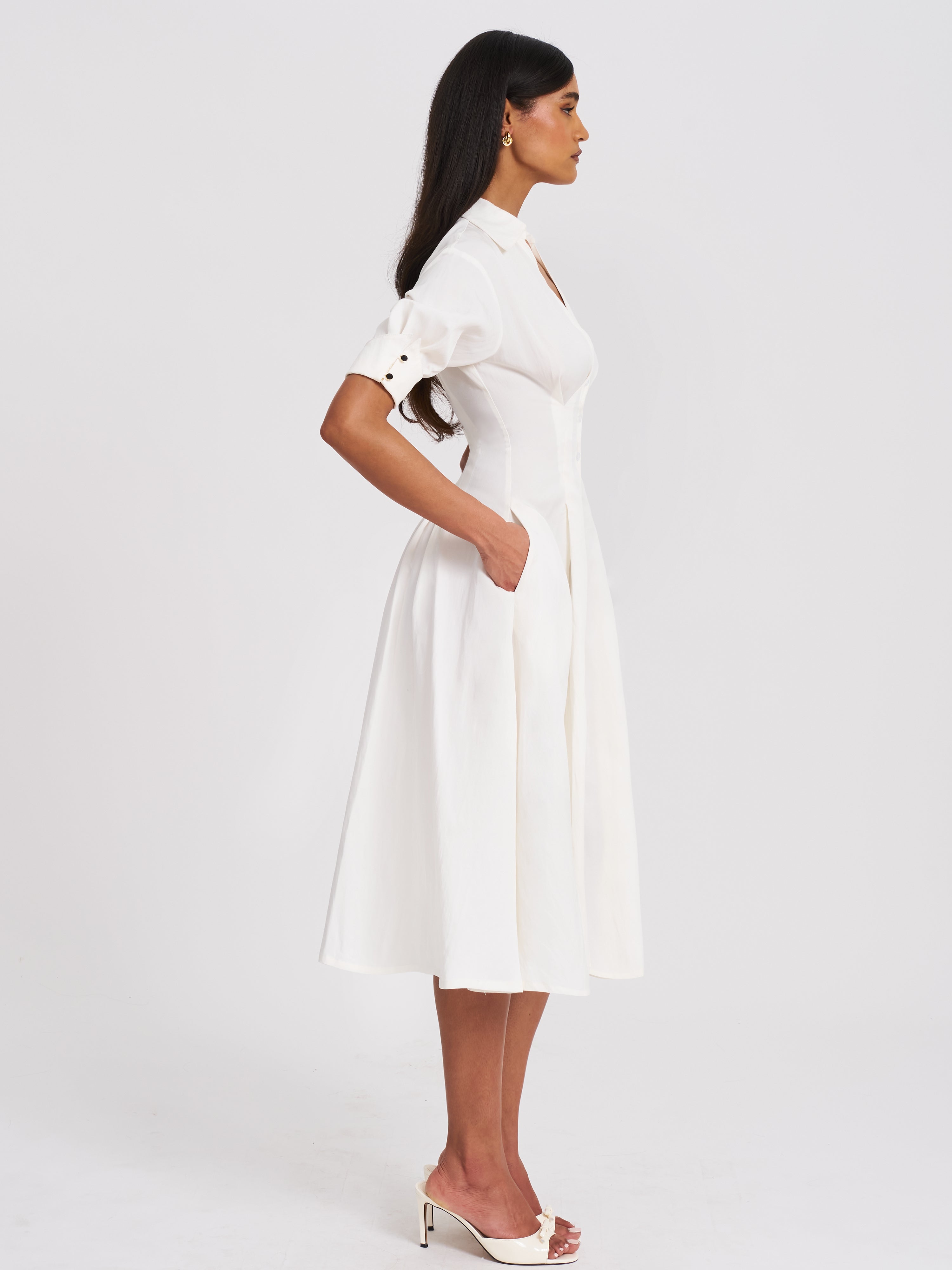 Palina Lyocell Pleated Midi Preppy Shirt Dress