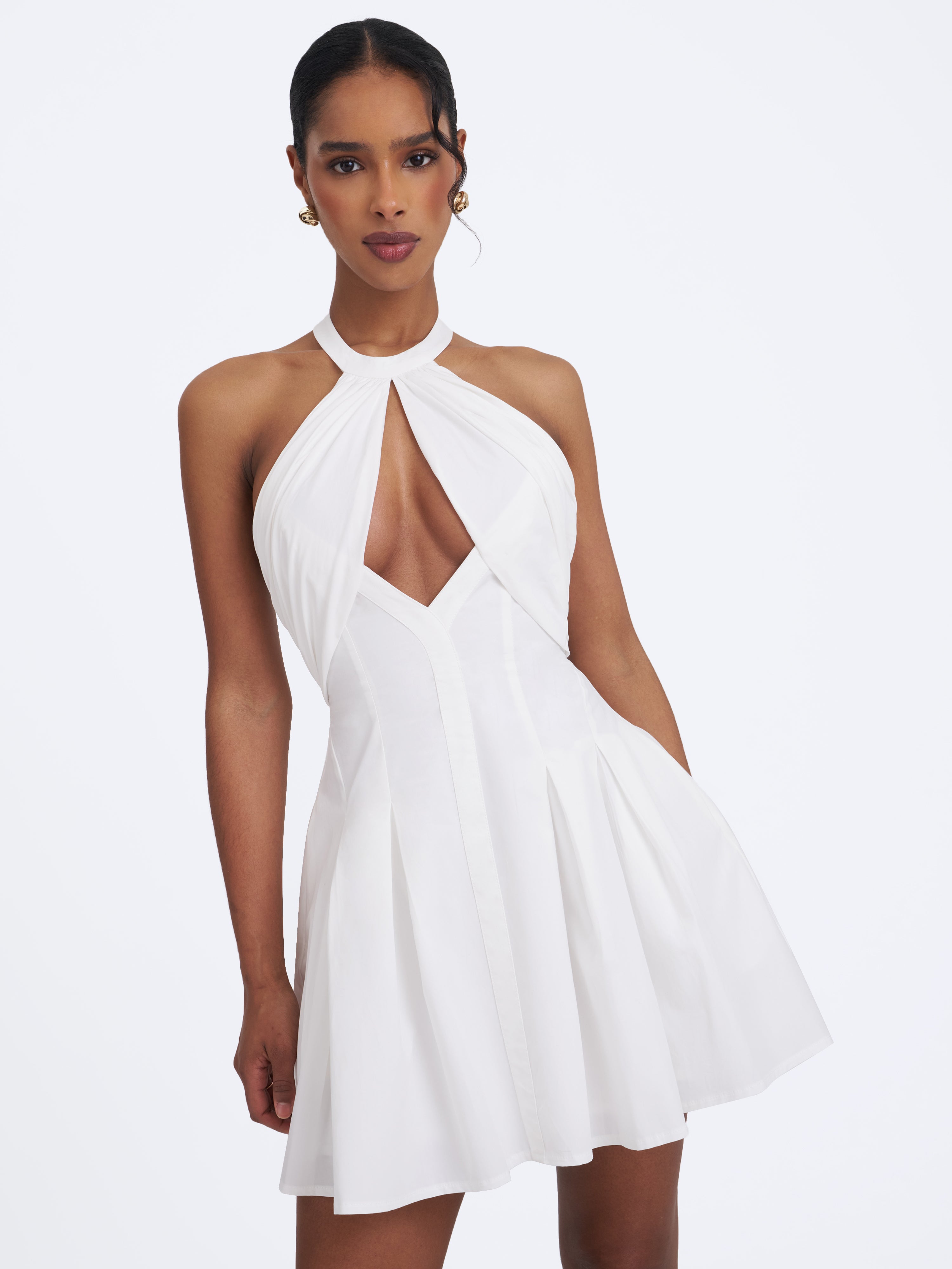 Jordyn White Cotton Poplin Keyhole Halter Mini Dress