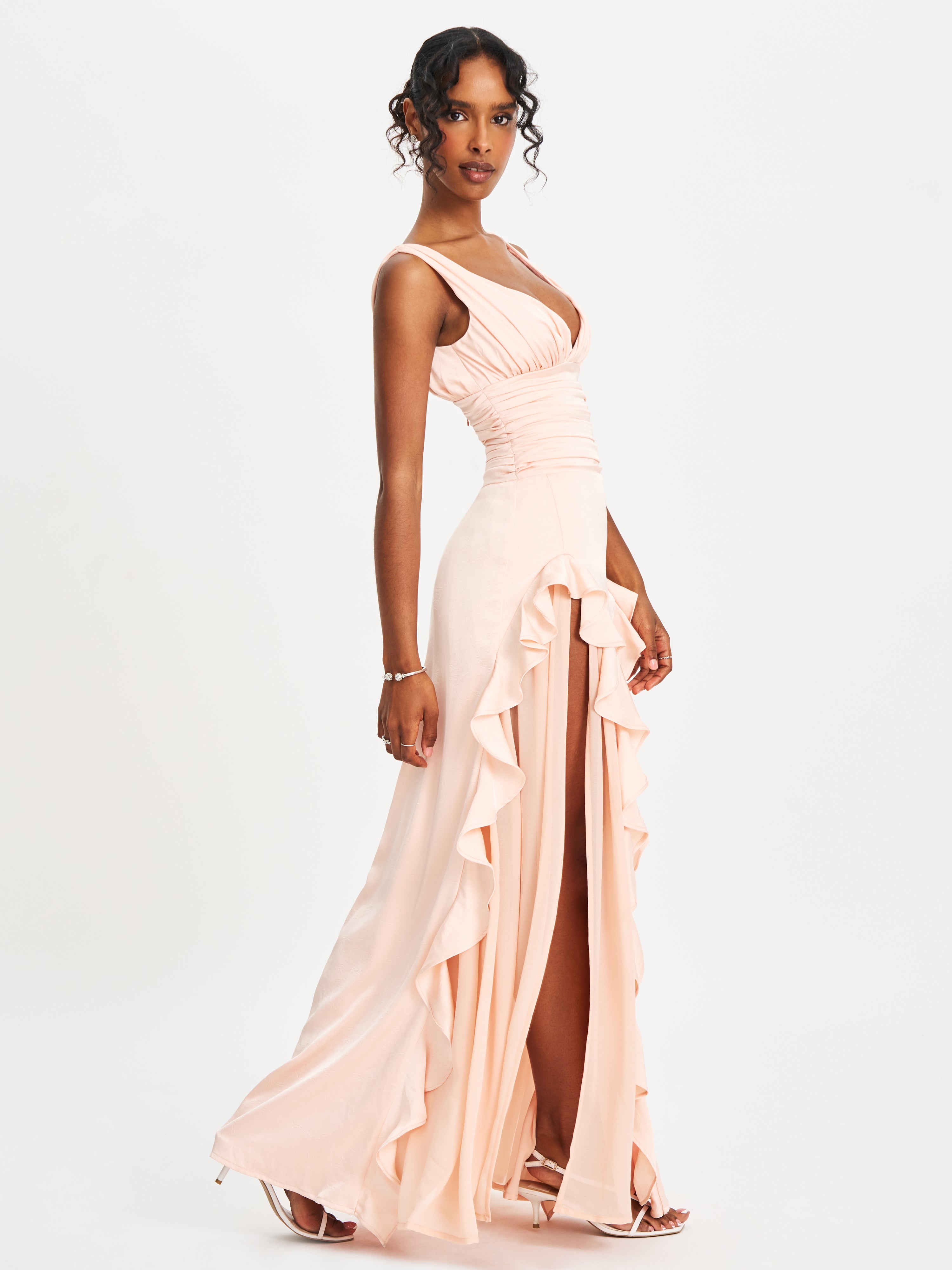 Talyssa Baby Pink Ruched Waist Double High Slit Maxi Gown