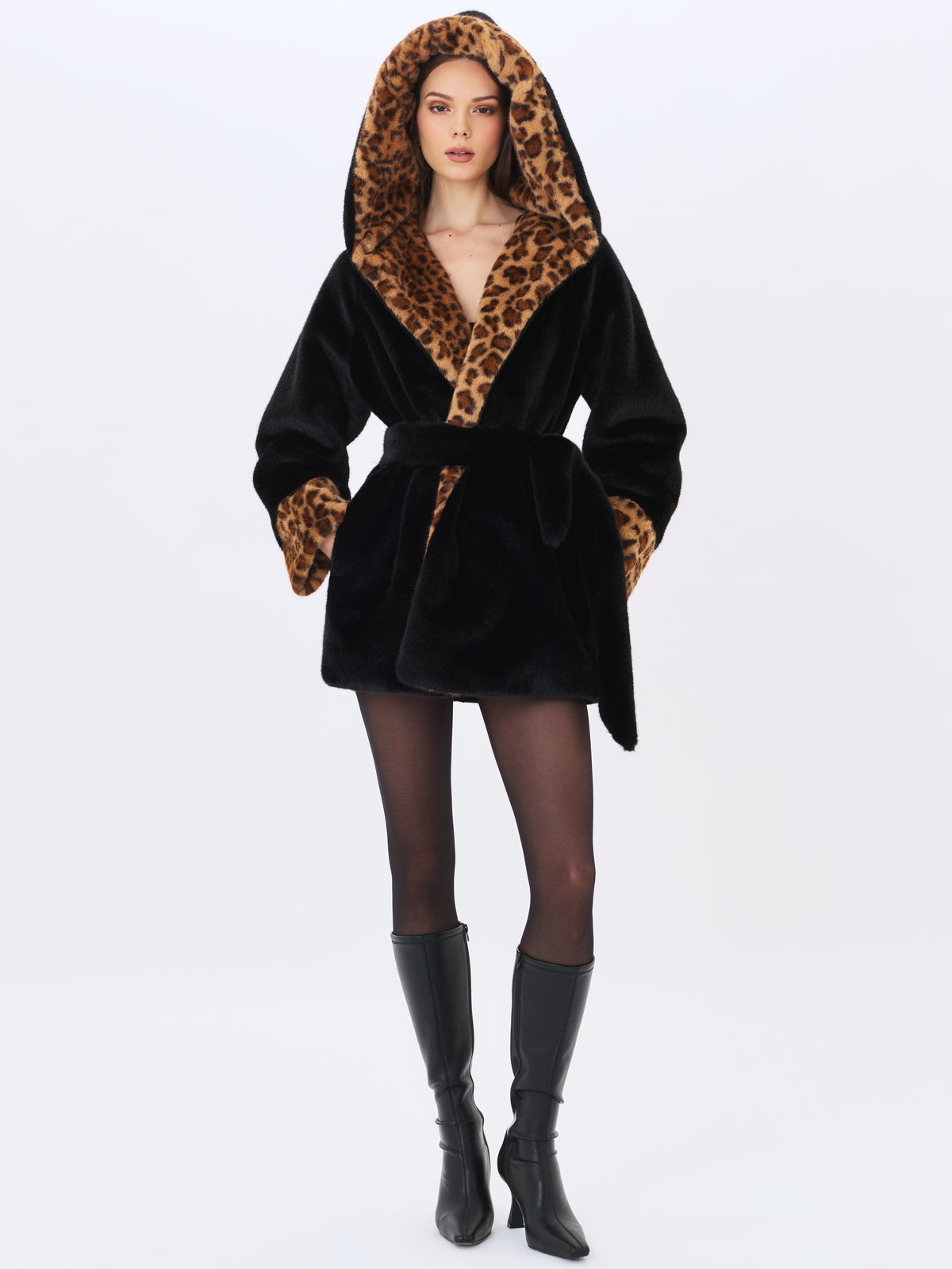 Bianca Black Faux Fur Cheetah Print Oversized Hood Mini Coat