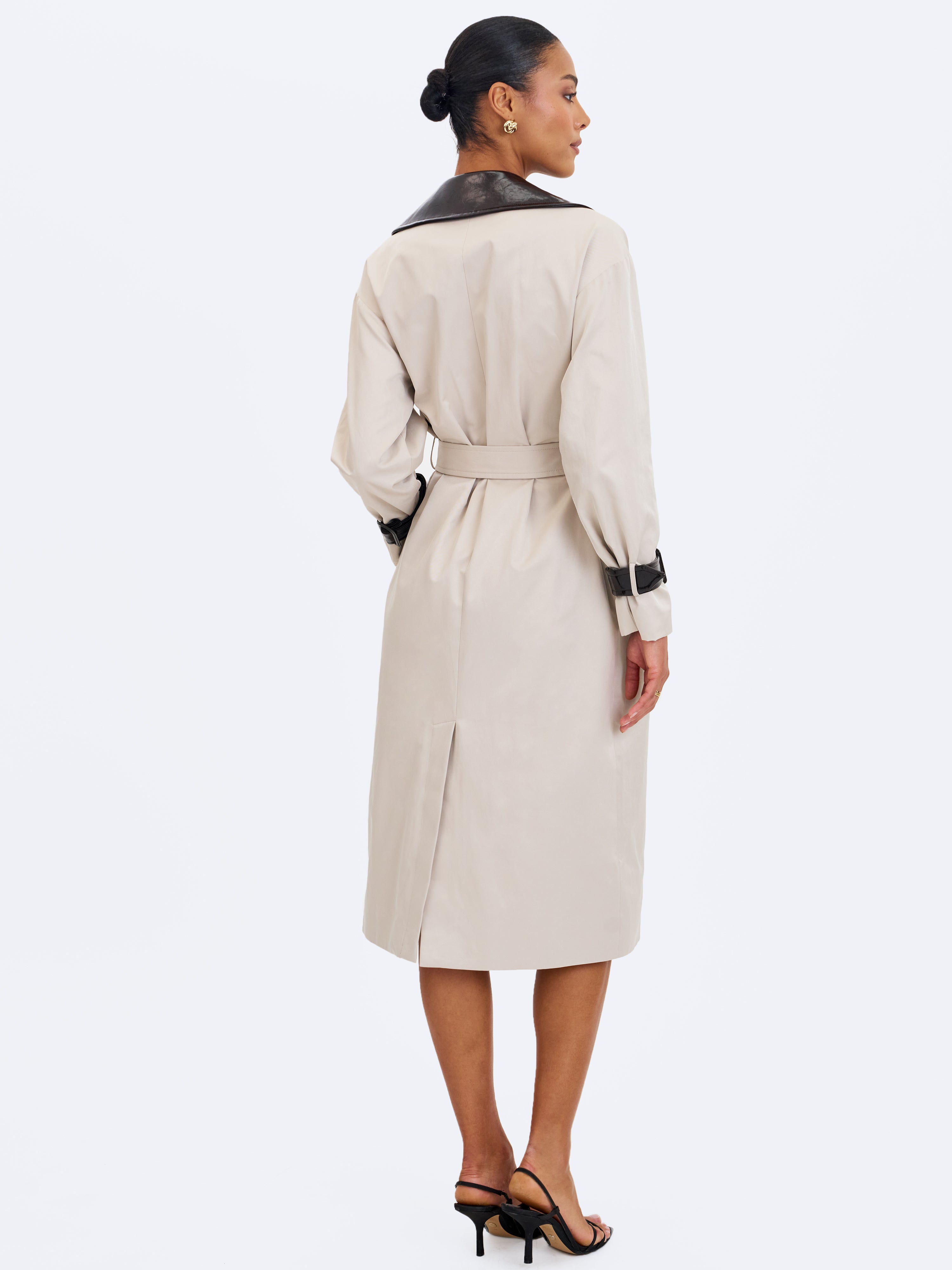 Umber Oyster Double-Breasted Faux Leather Lapel Trench Coat