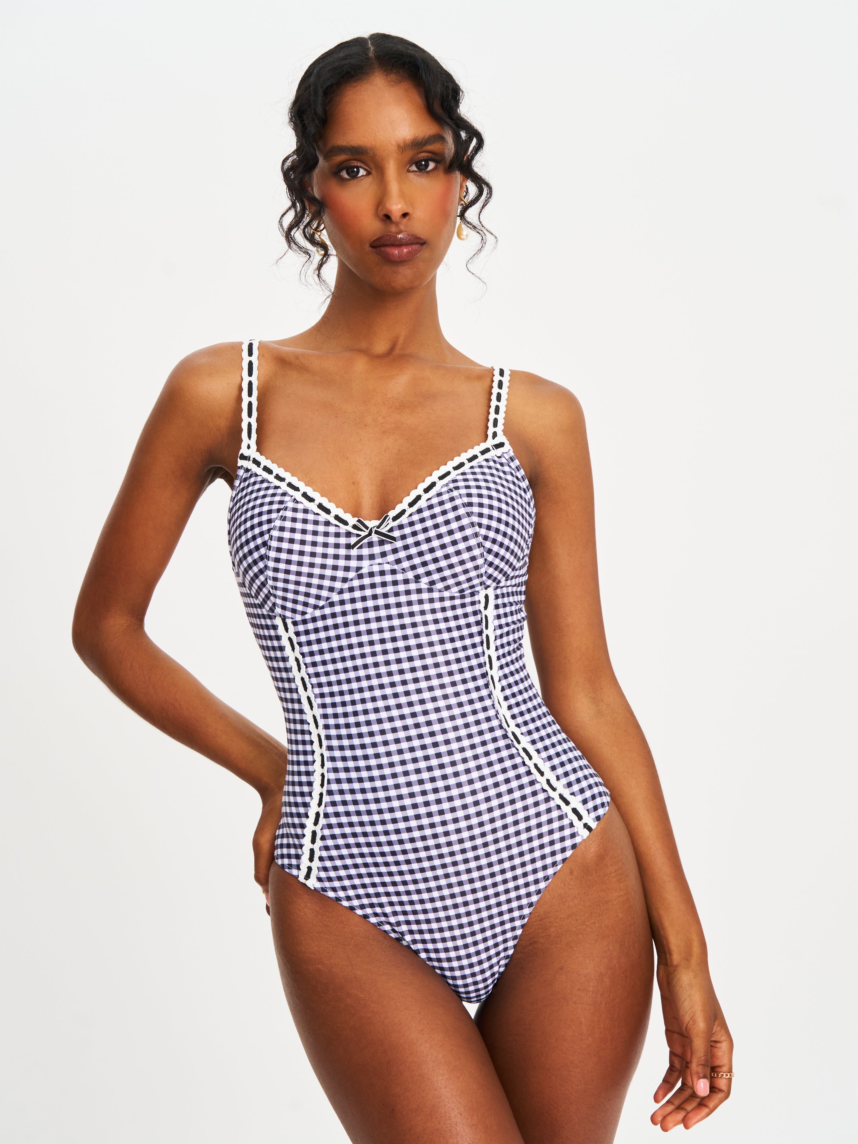 Gigi Black Gingham Lace Strap Backless Swimsuit