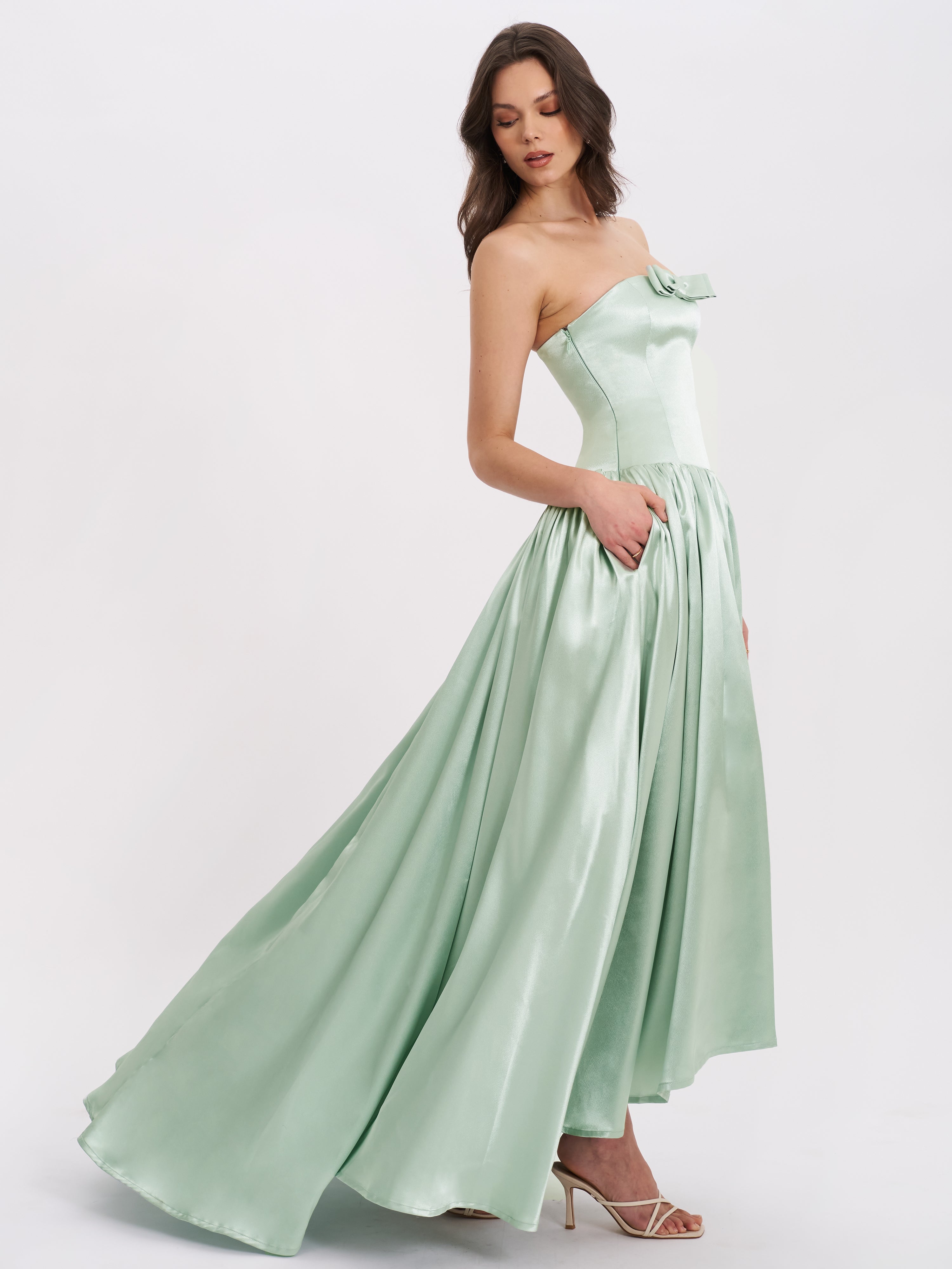 Lael Mint Green Back Button Trailing Gown