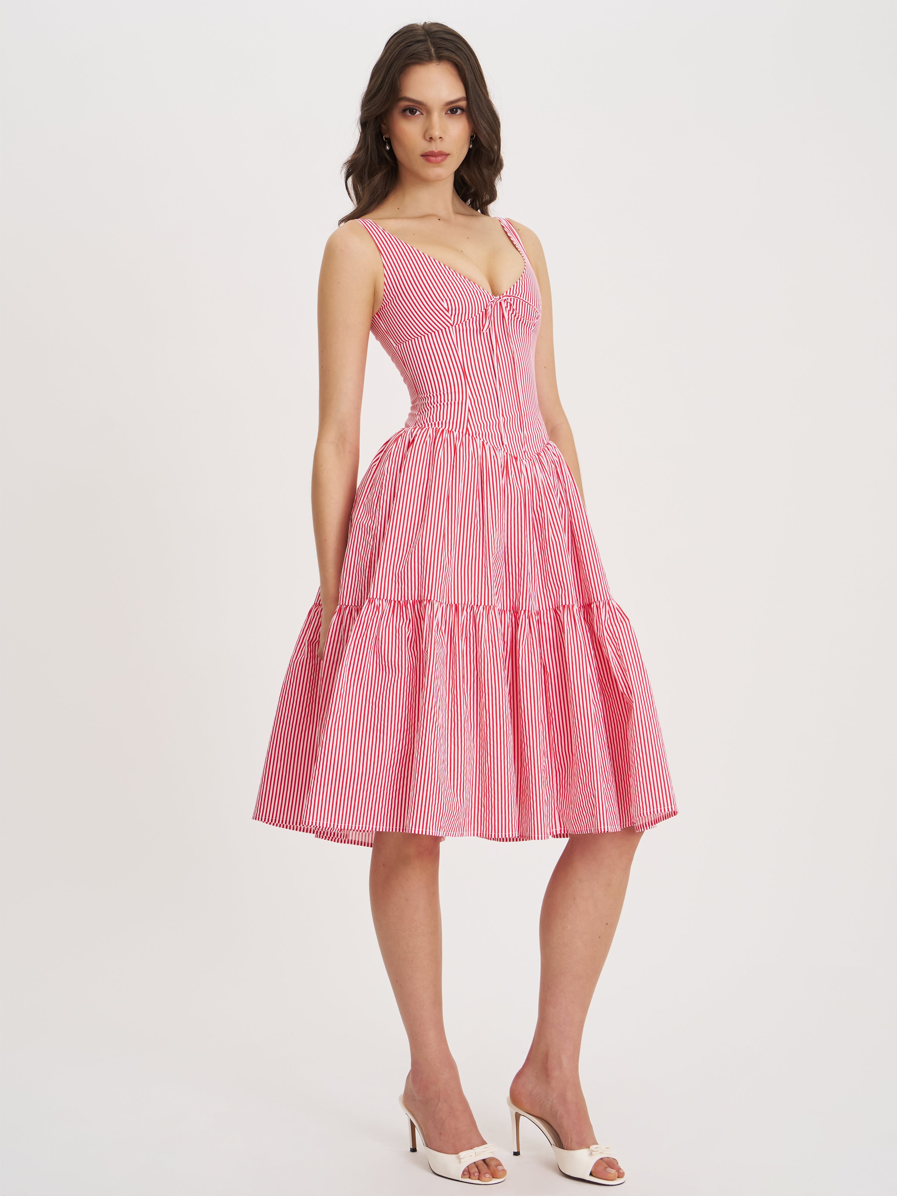 Oceana Red Candy Stripe Drop Waist Midi Dress