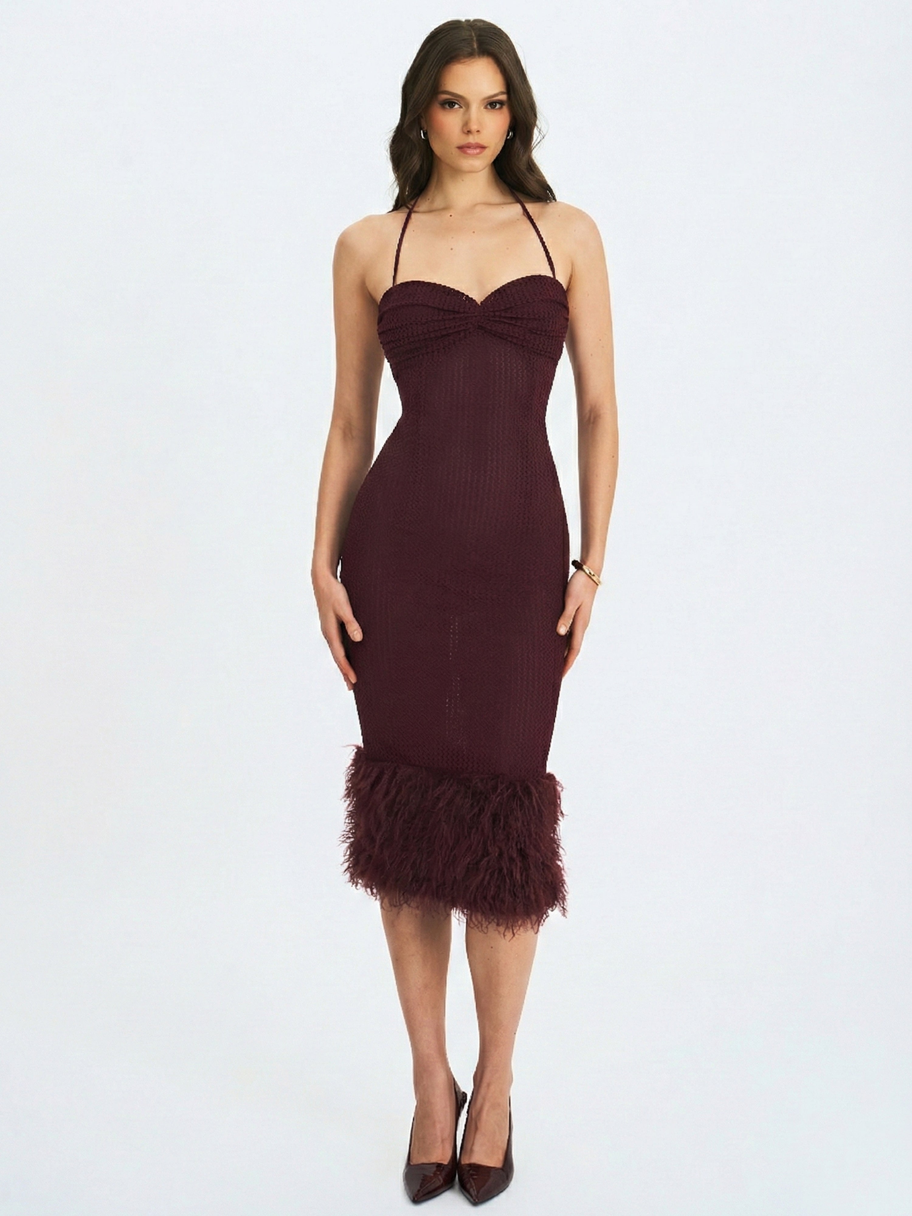 Pluma Maroon Halter Faux-Fur Trimmed Midi Dress