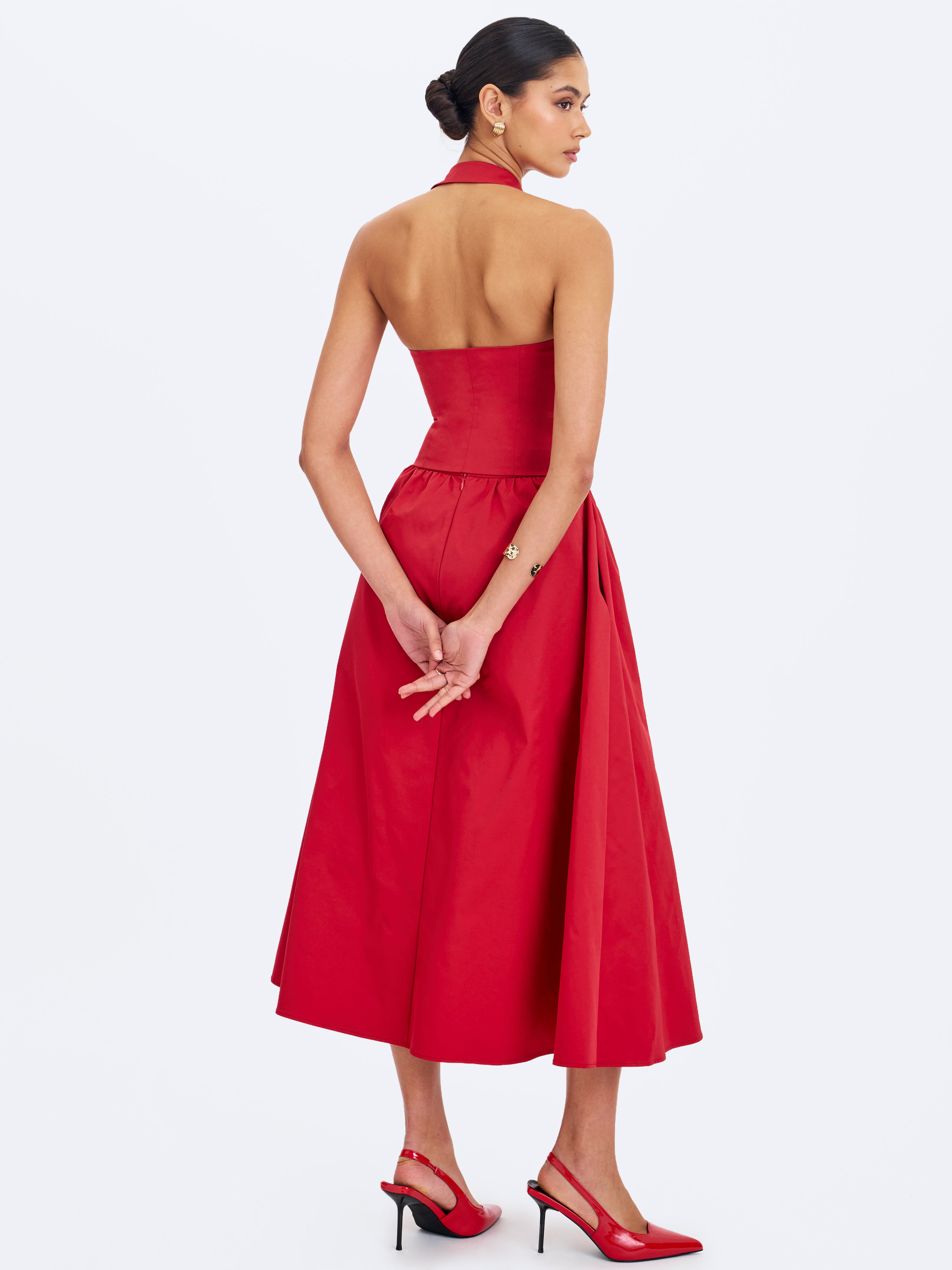 Ursella Crimson Halter Single-Breasted Lapel Top