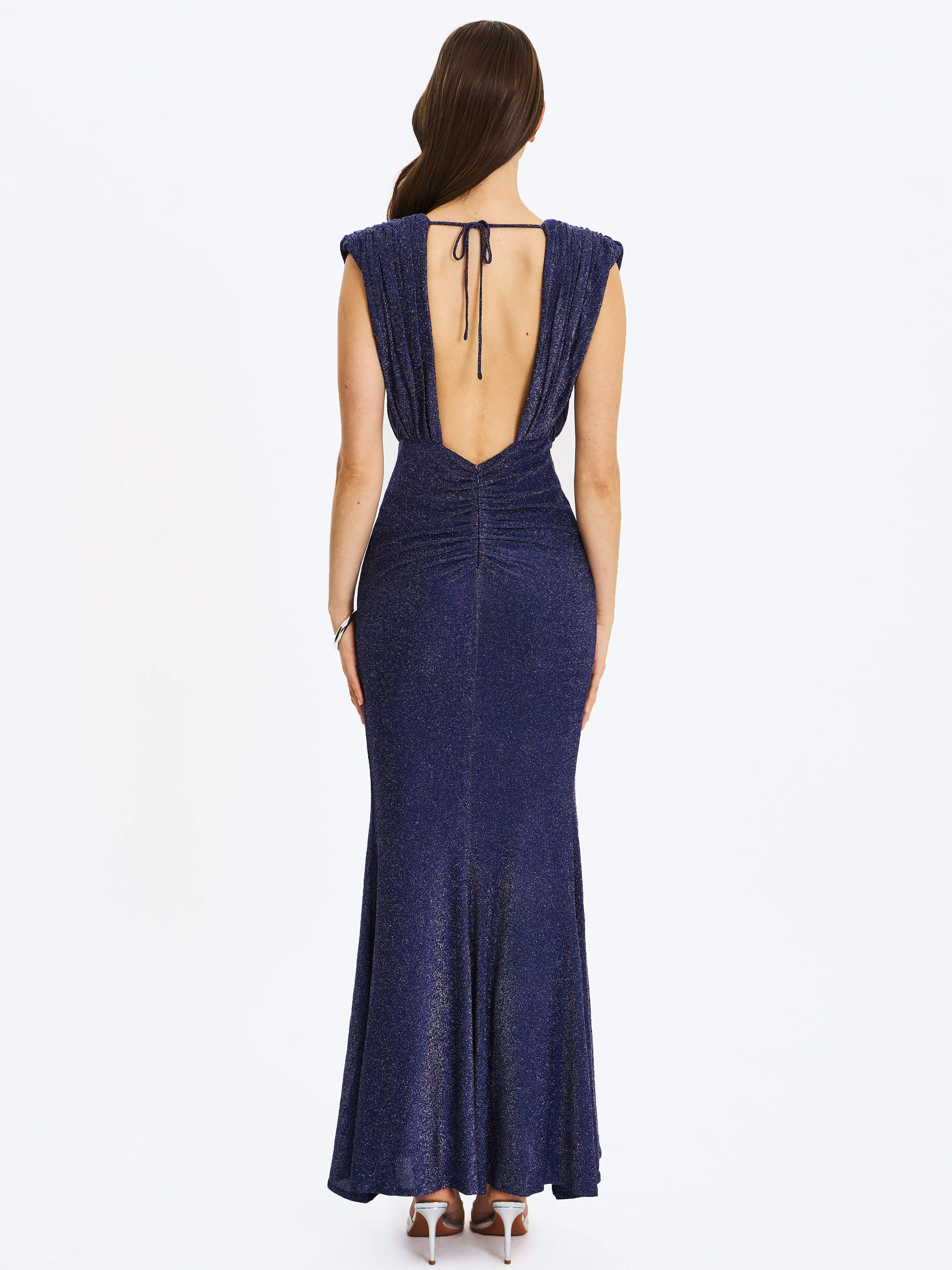 Terri Navy Sparkle Plunging Backless Maxi Dress