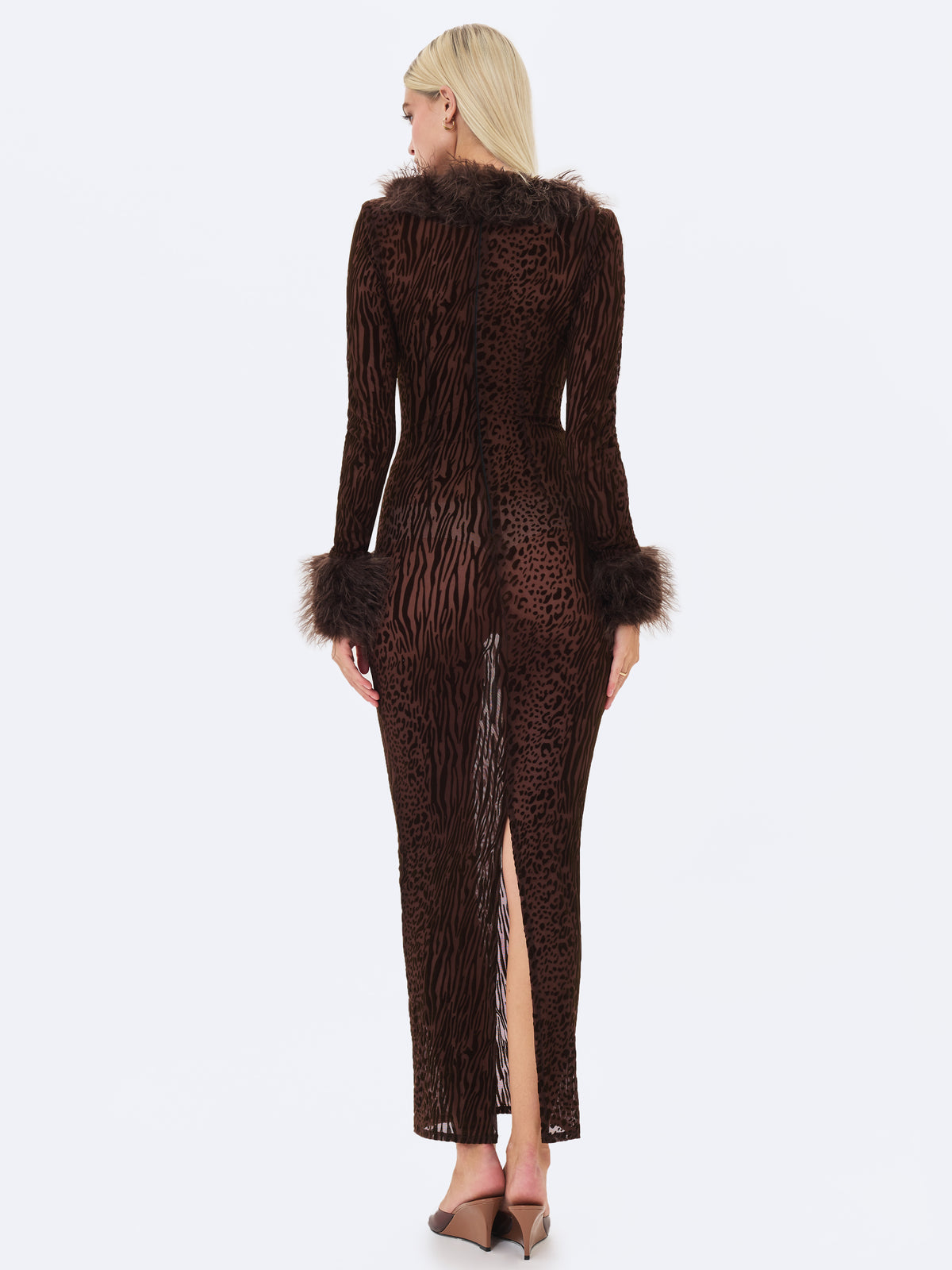 Luana Brown Plunging Fur Trimmed Burnout Mesh Maxi Dress