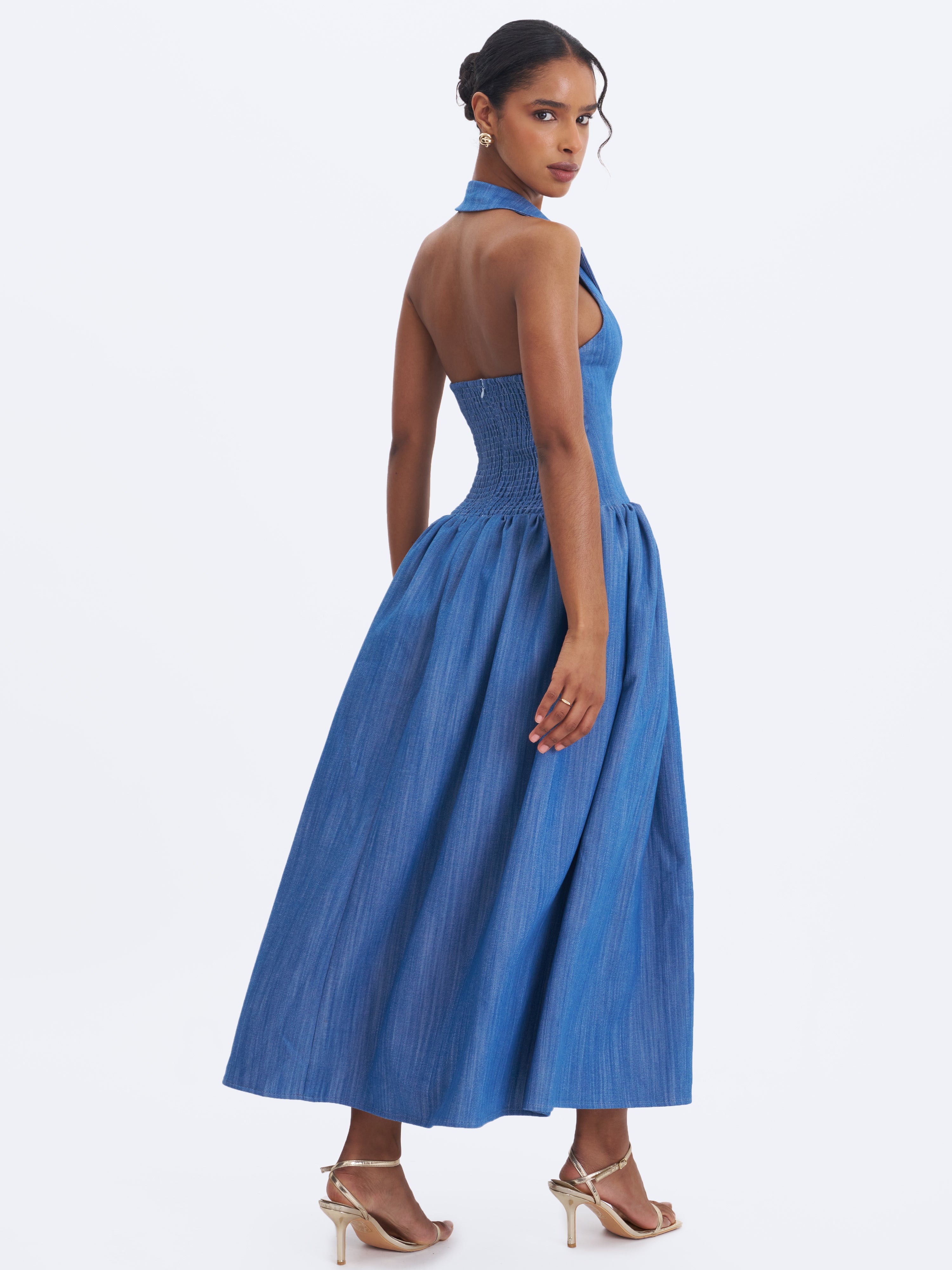 Xyan Navy Denim Lapel Halter A-Line Midi Dress