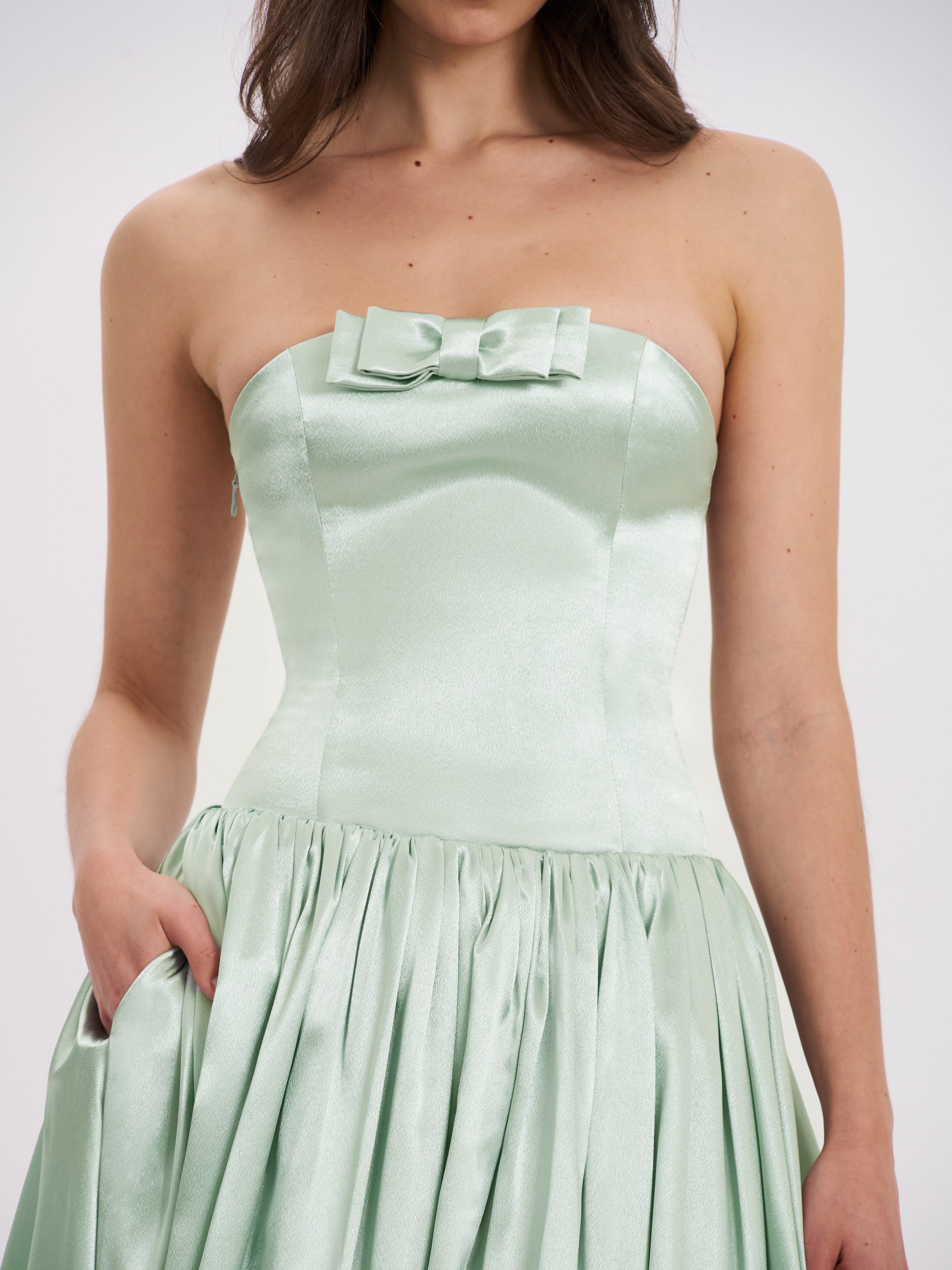 Lael Mint Green Back Button Trailing Gown