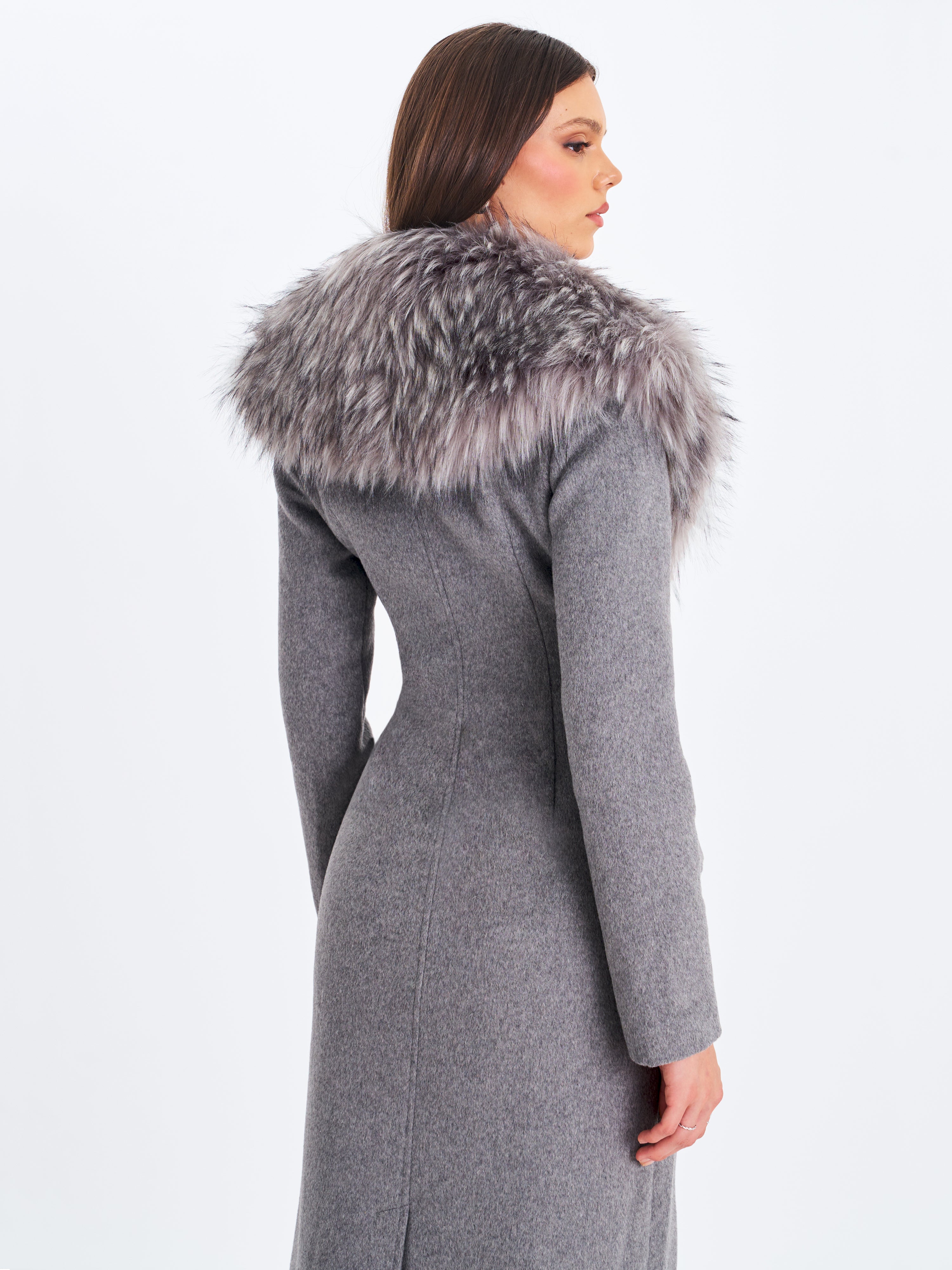 Faye Grey Wool Blend Single-Breasted Coat with Removable Faux Fur Collar
