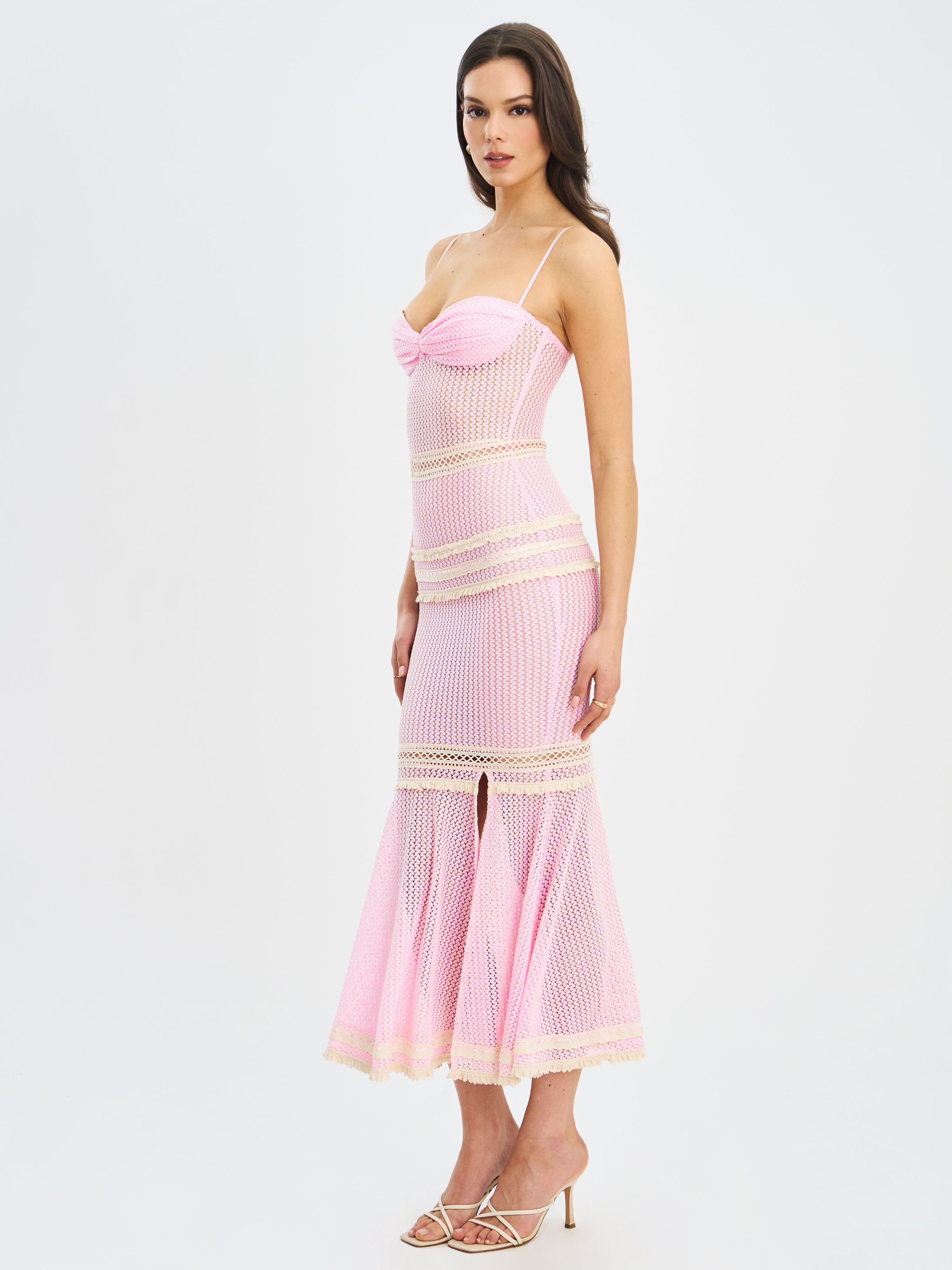 Pallas Pink Lace Trim Crochet Mermaid Maxi Dress