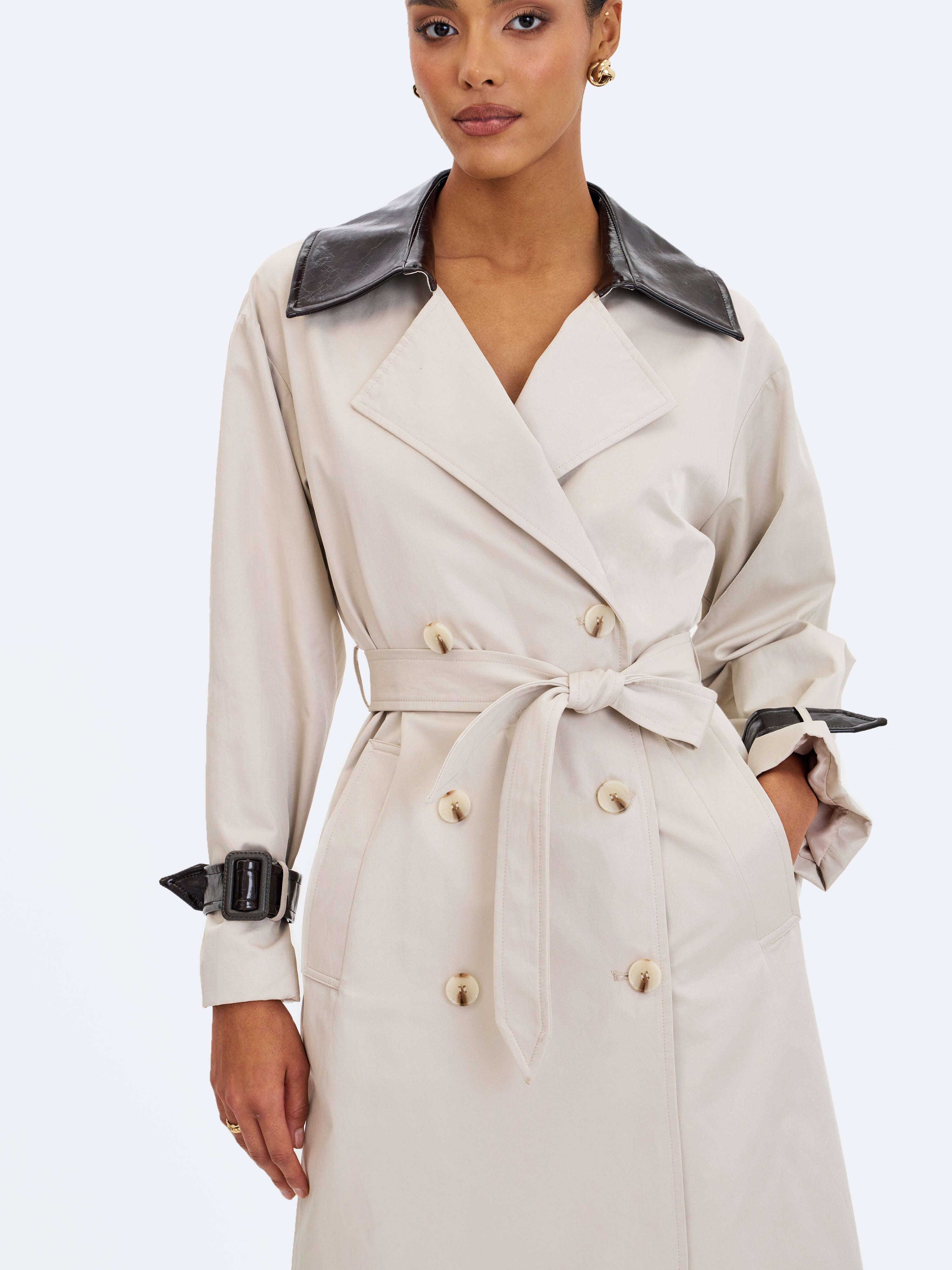 Umber Oyster Double-Breasted Faux Leather Lapel Trench Coat