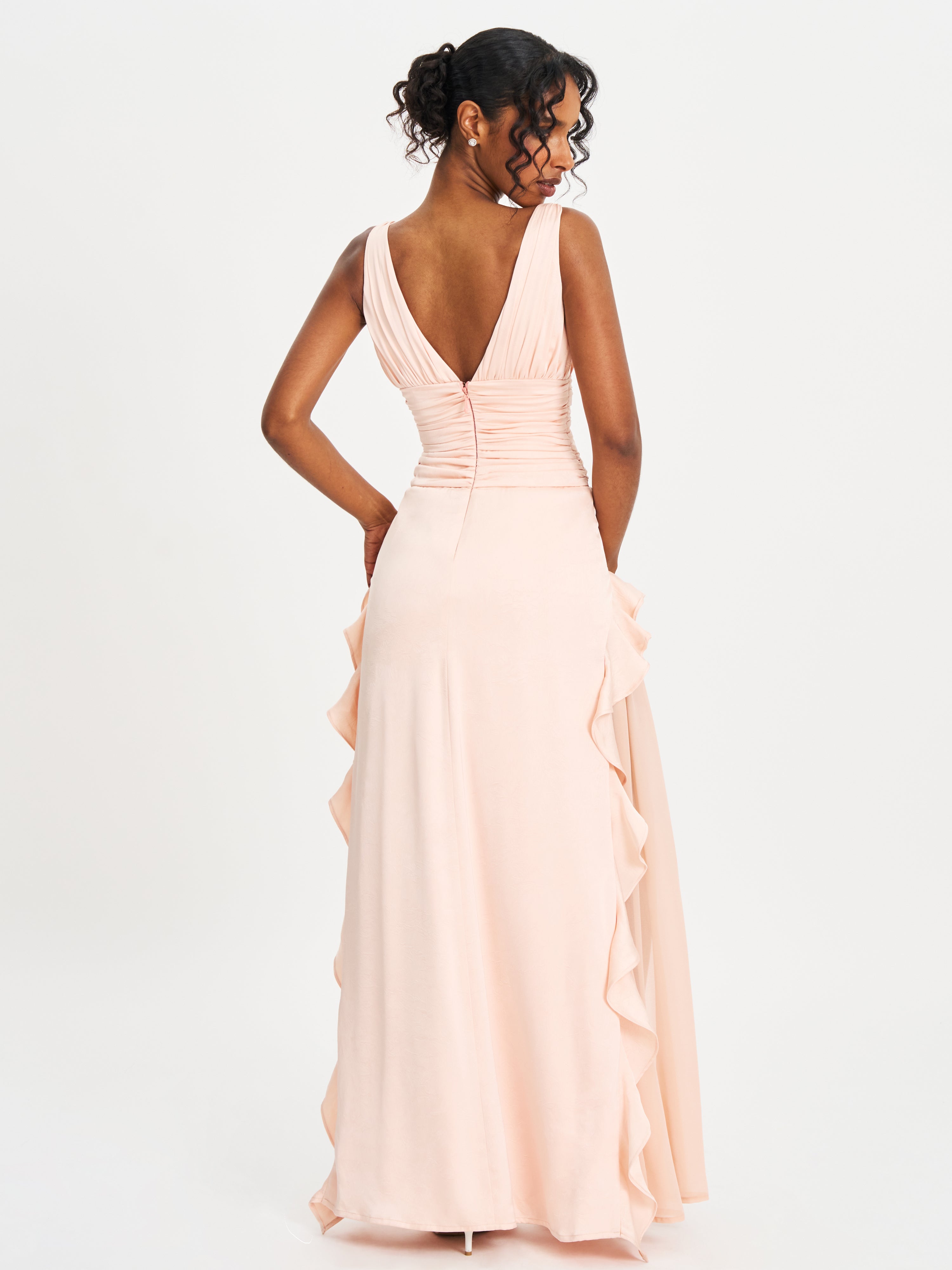 Talyssa Baby Pink Ruched Waist Double High Slit Maxi Gown