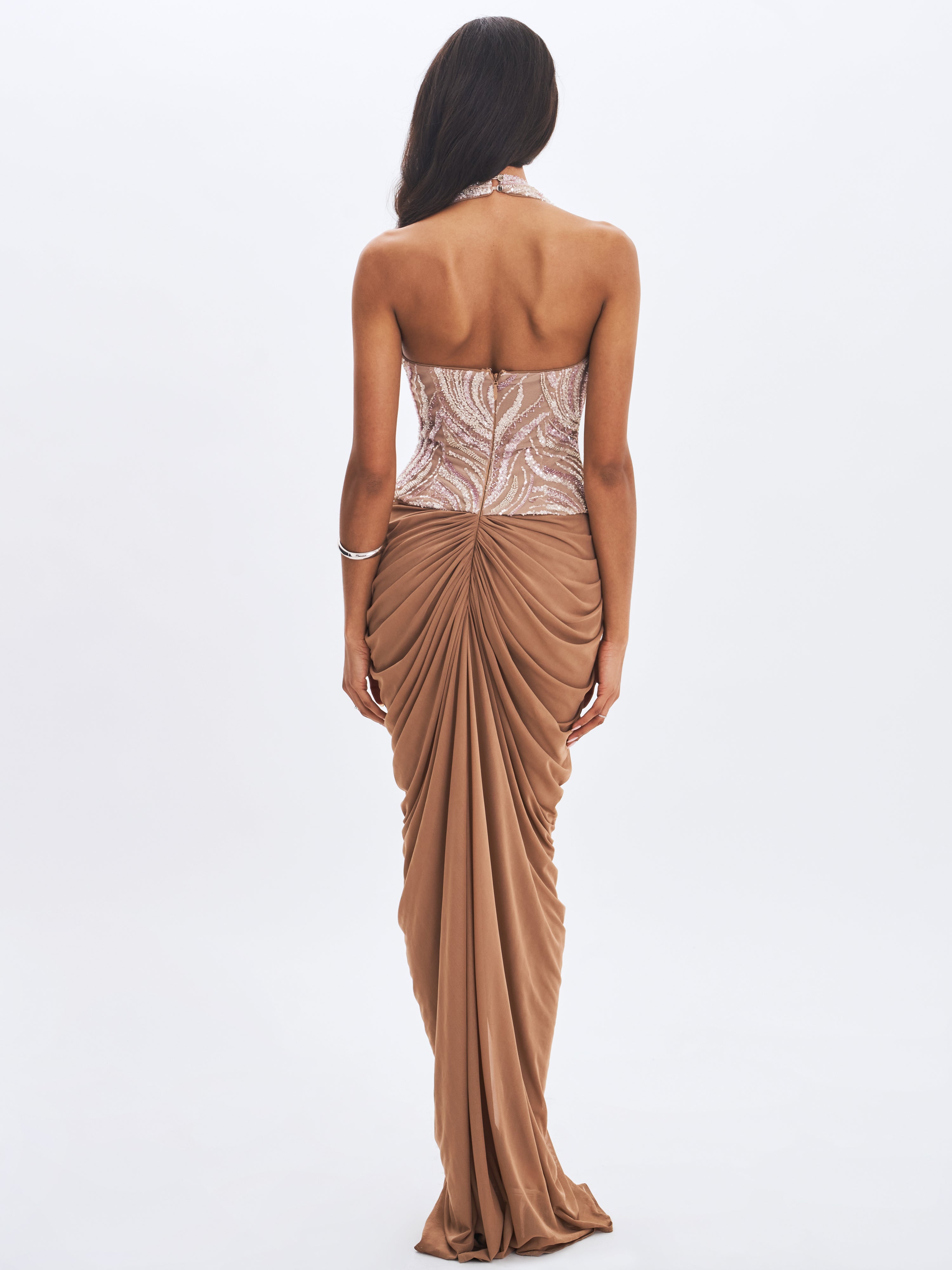 Nancie Apricot Beaded Halter Peplum Ruched Maxi Dress