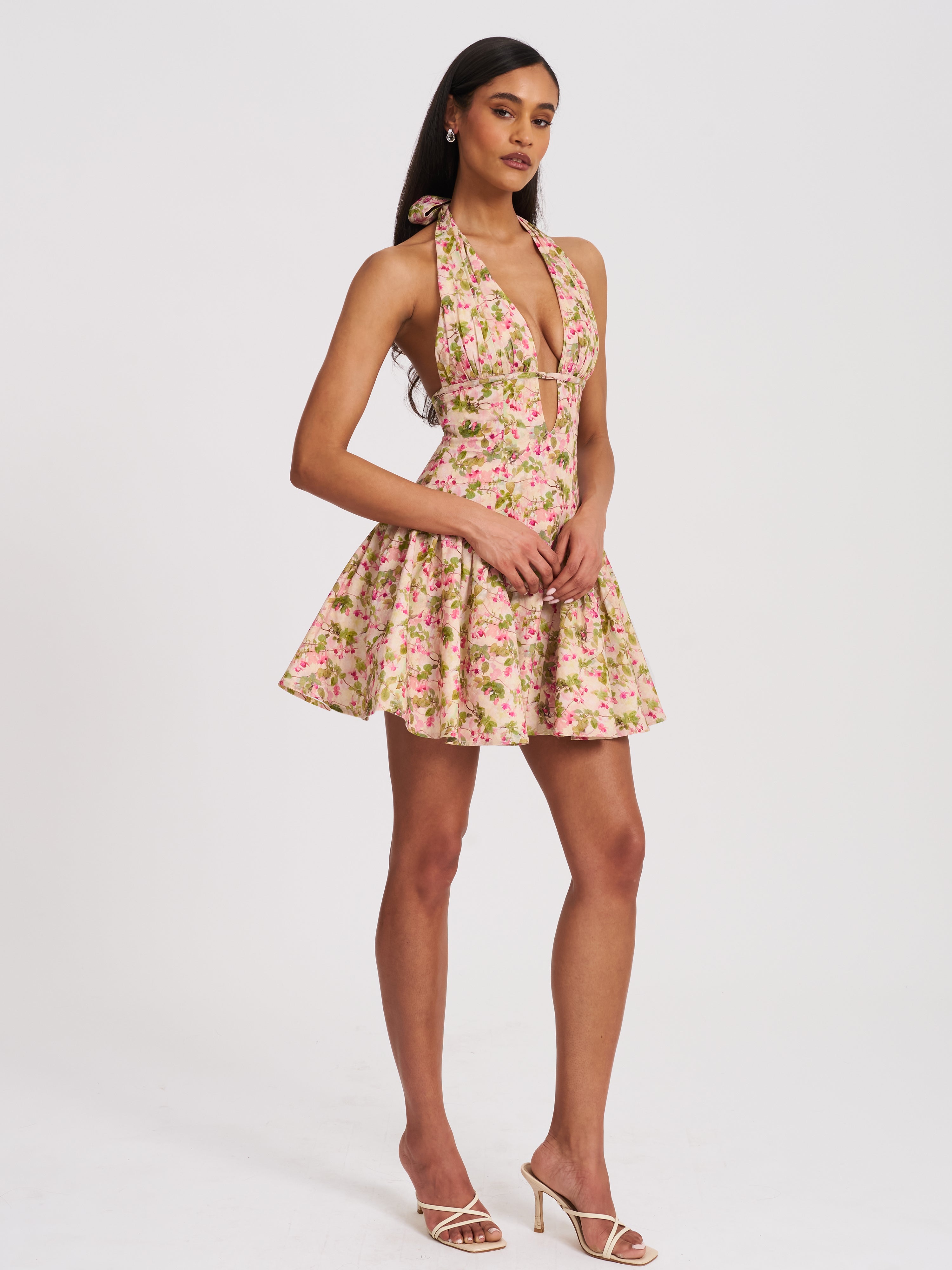 Mackenzie Green and Pink Floral Print Halter Linen Mini Dress