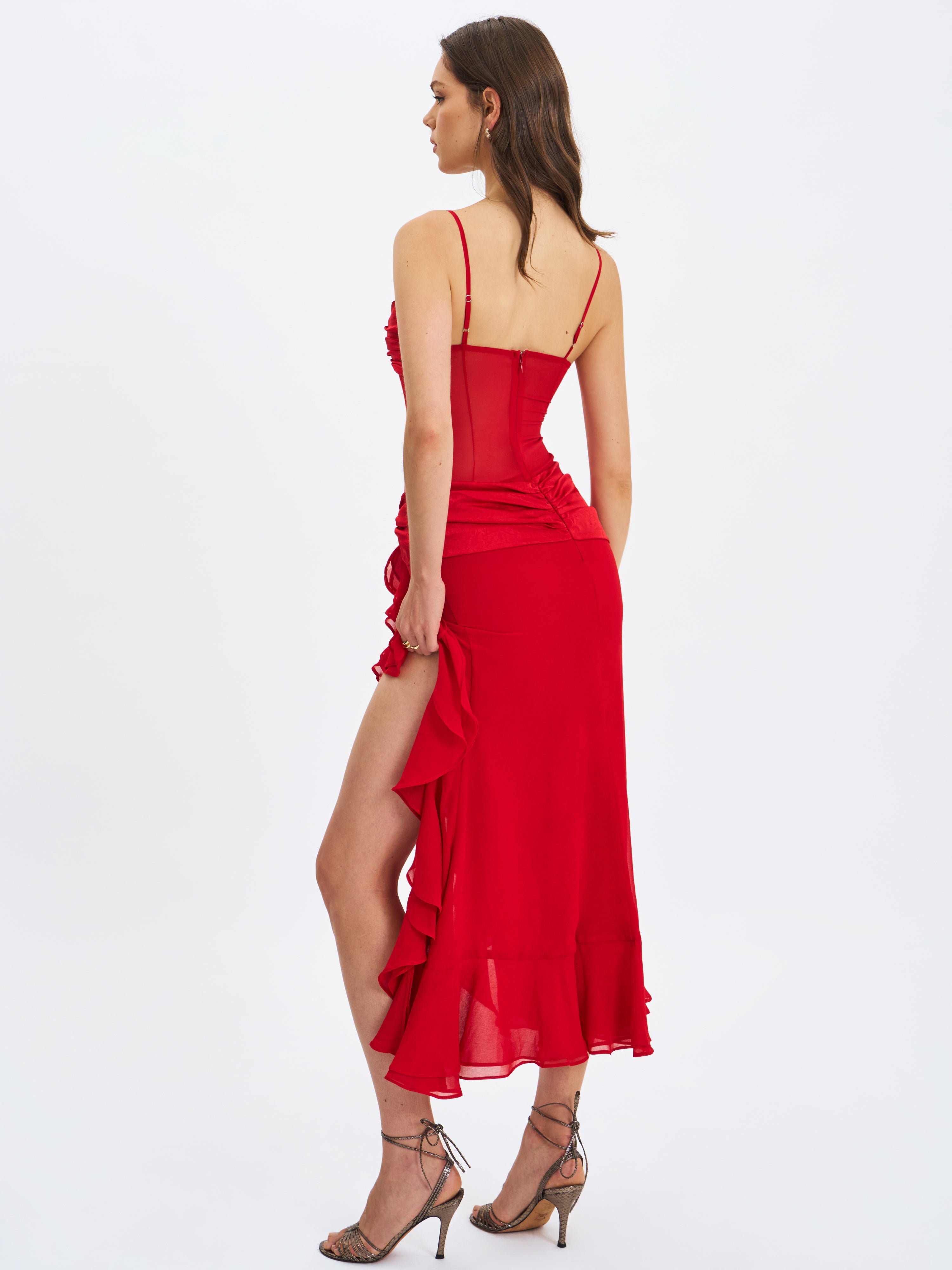 Dahlina Red Ruched Waist High Slit Maxi Dress