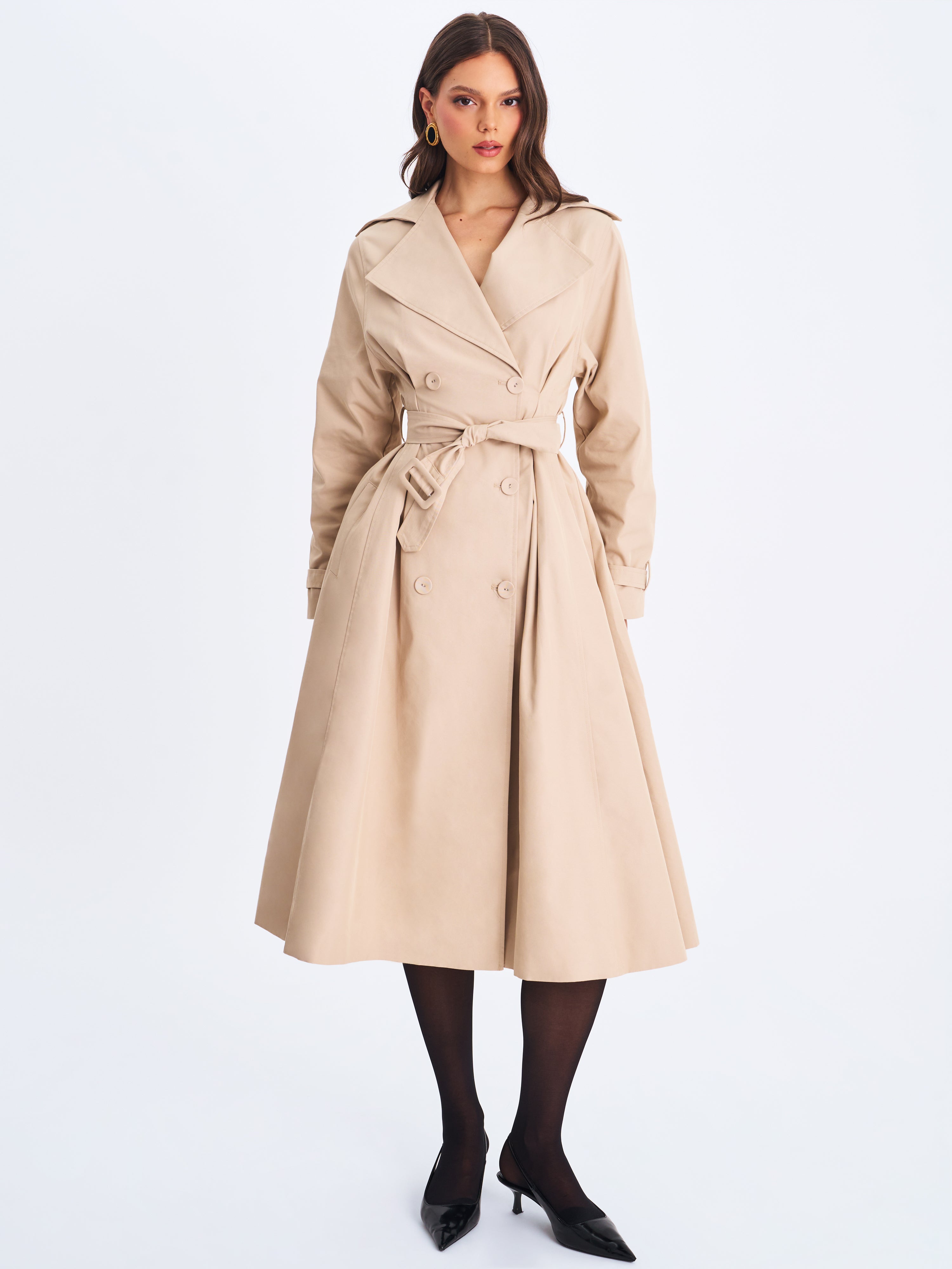 Ulila Beige Double-Breasted Pleated Cotton-Blend Trench Coat