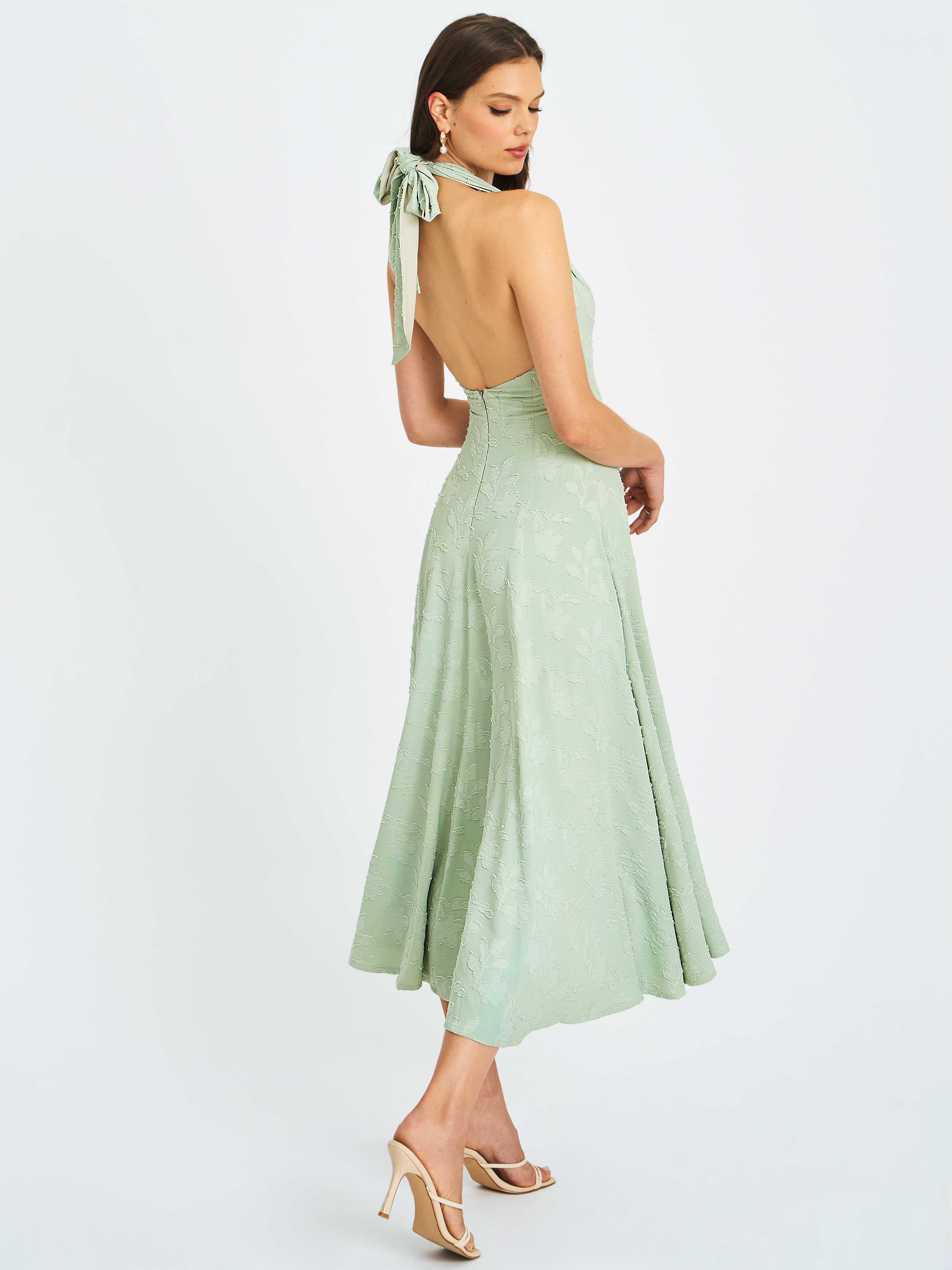 Magda Mint Green Deep V Neck Halter A-line Midi Dress
