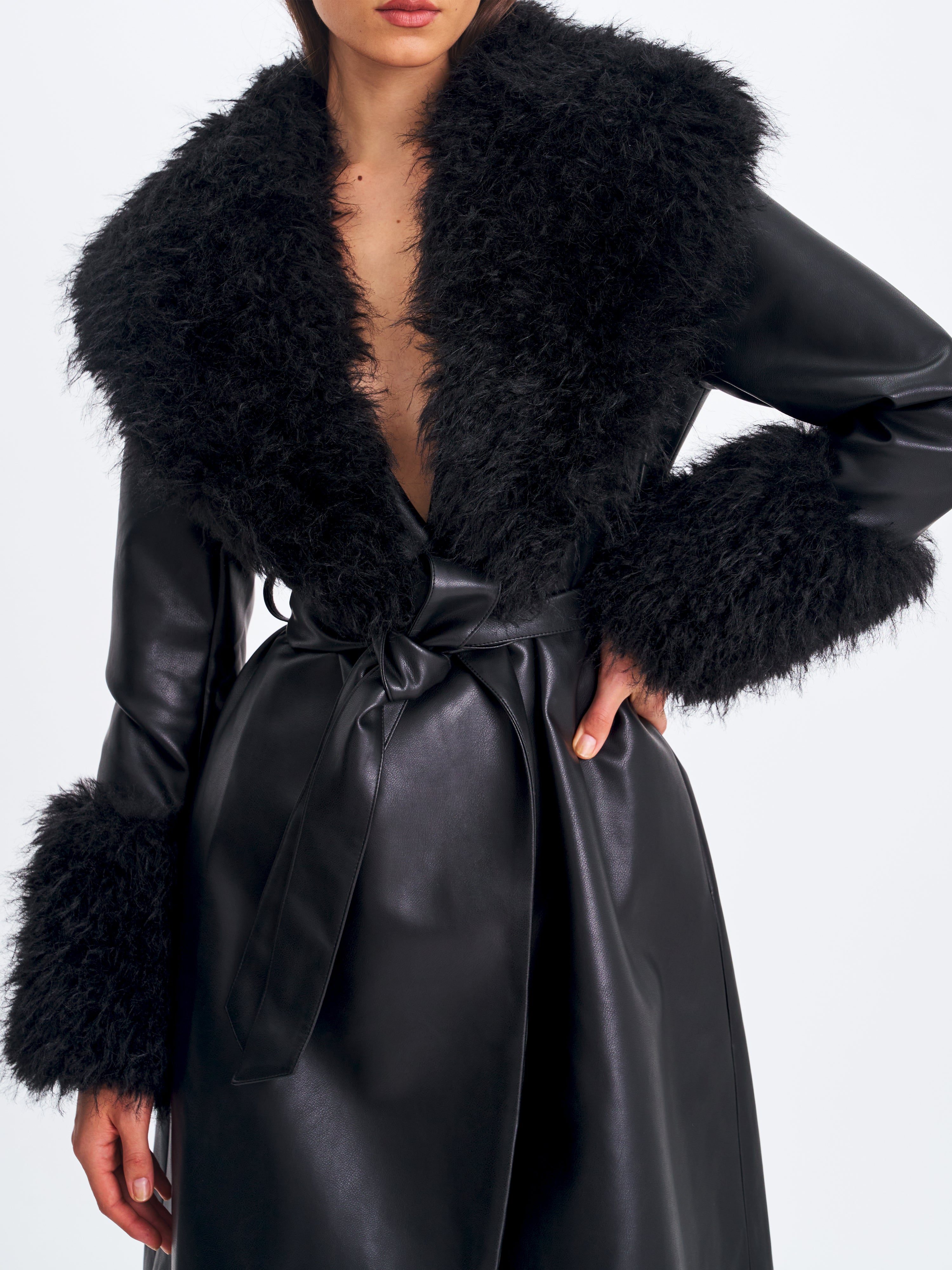Zariah Black Faux Fur Trimmed Longline Coat