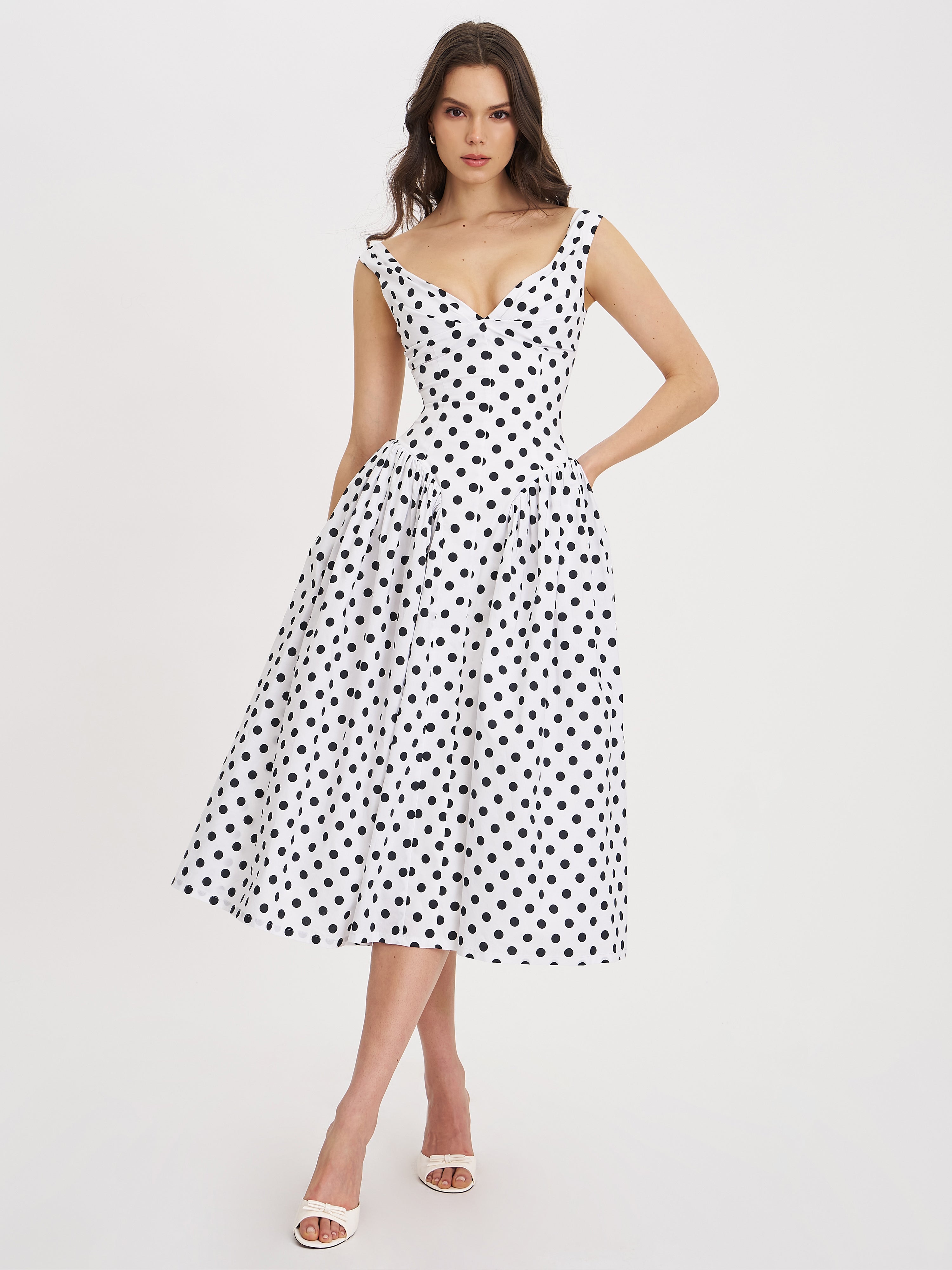 Rahma Polka Dot Drop Waist Midi Cotton Poplin Dress