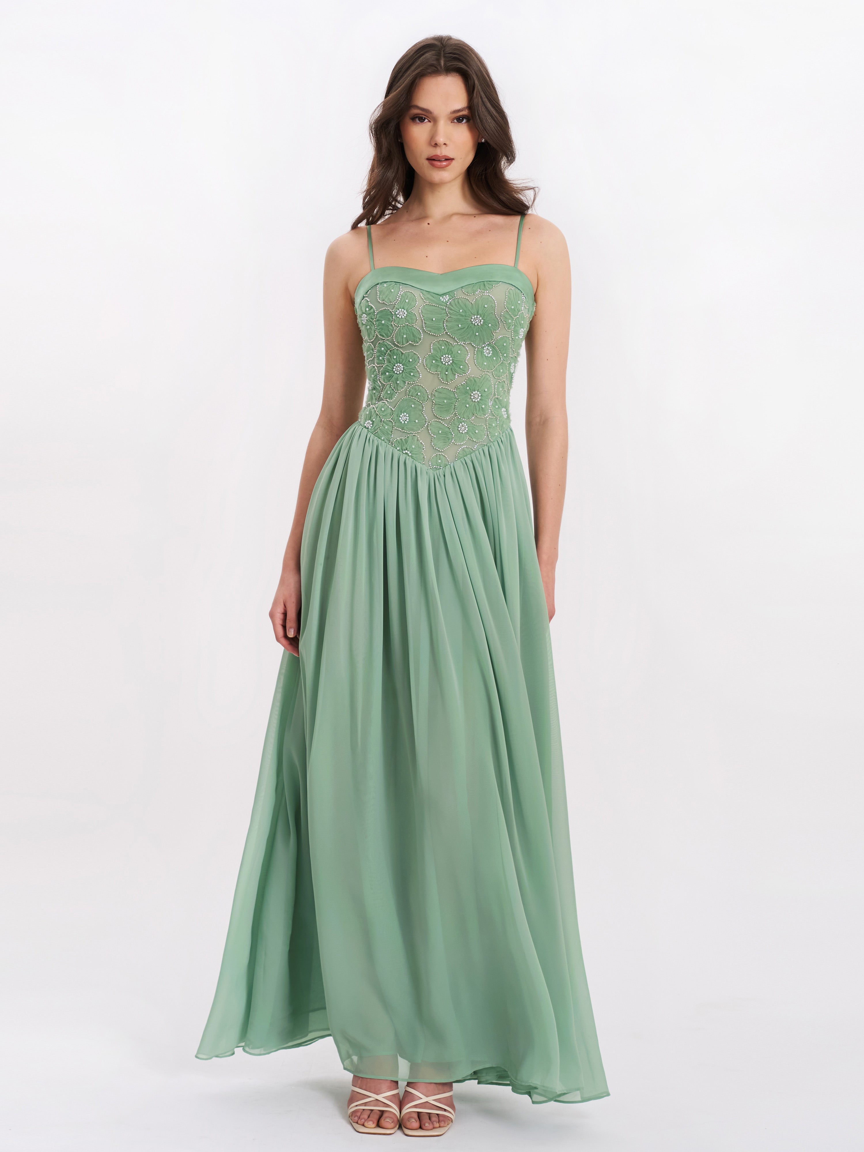Ucille Sage Green Embroidered Chiffon Maxi Dress (Archive Sale)