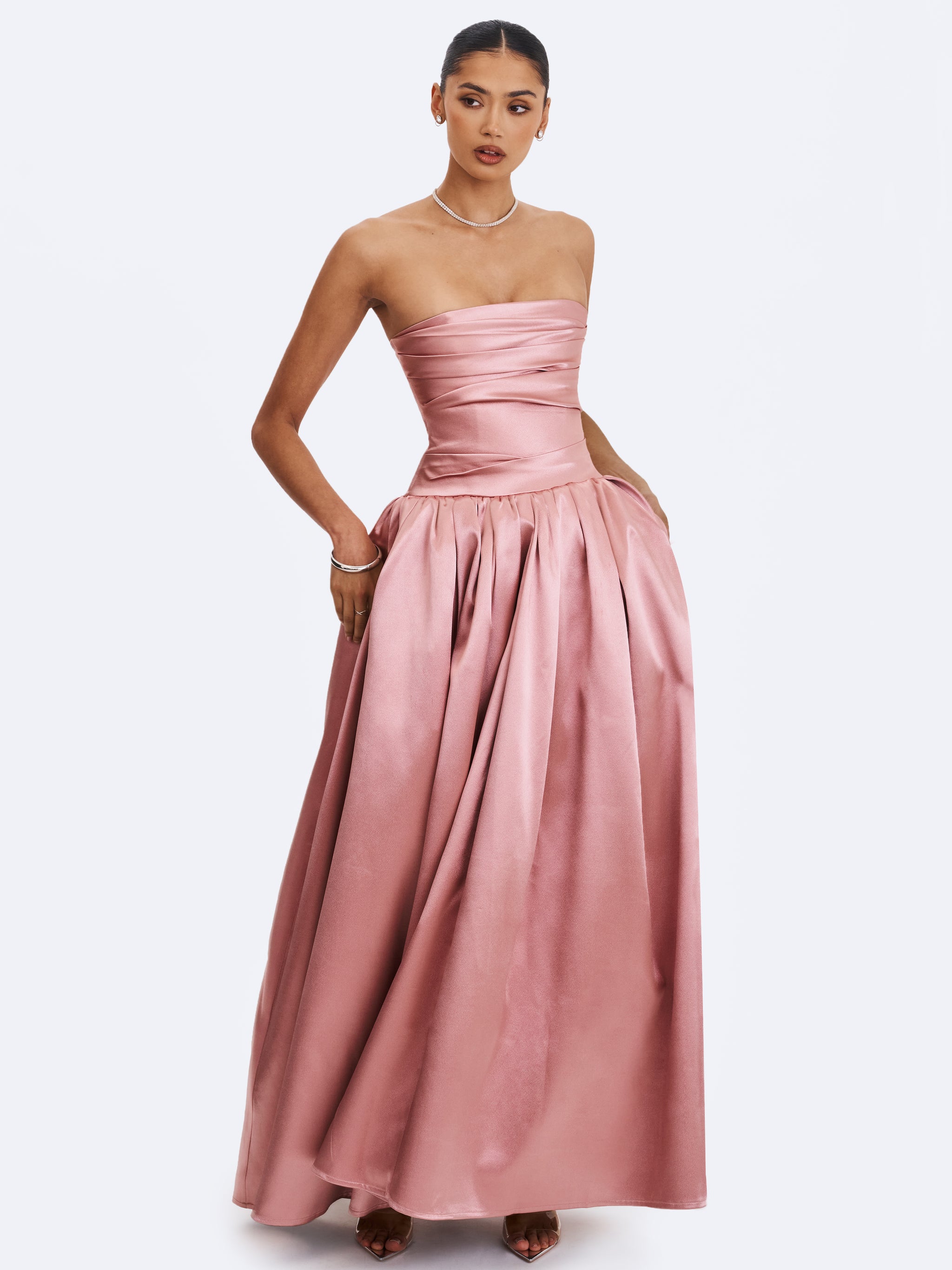 Willette Deep Rose Satin Strapless Gathered Maxi Dress Willette Deep Rose Satin Strapless Gathered Maxi Dress