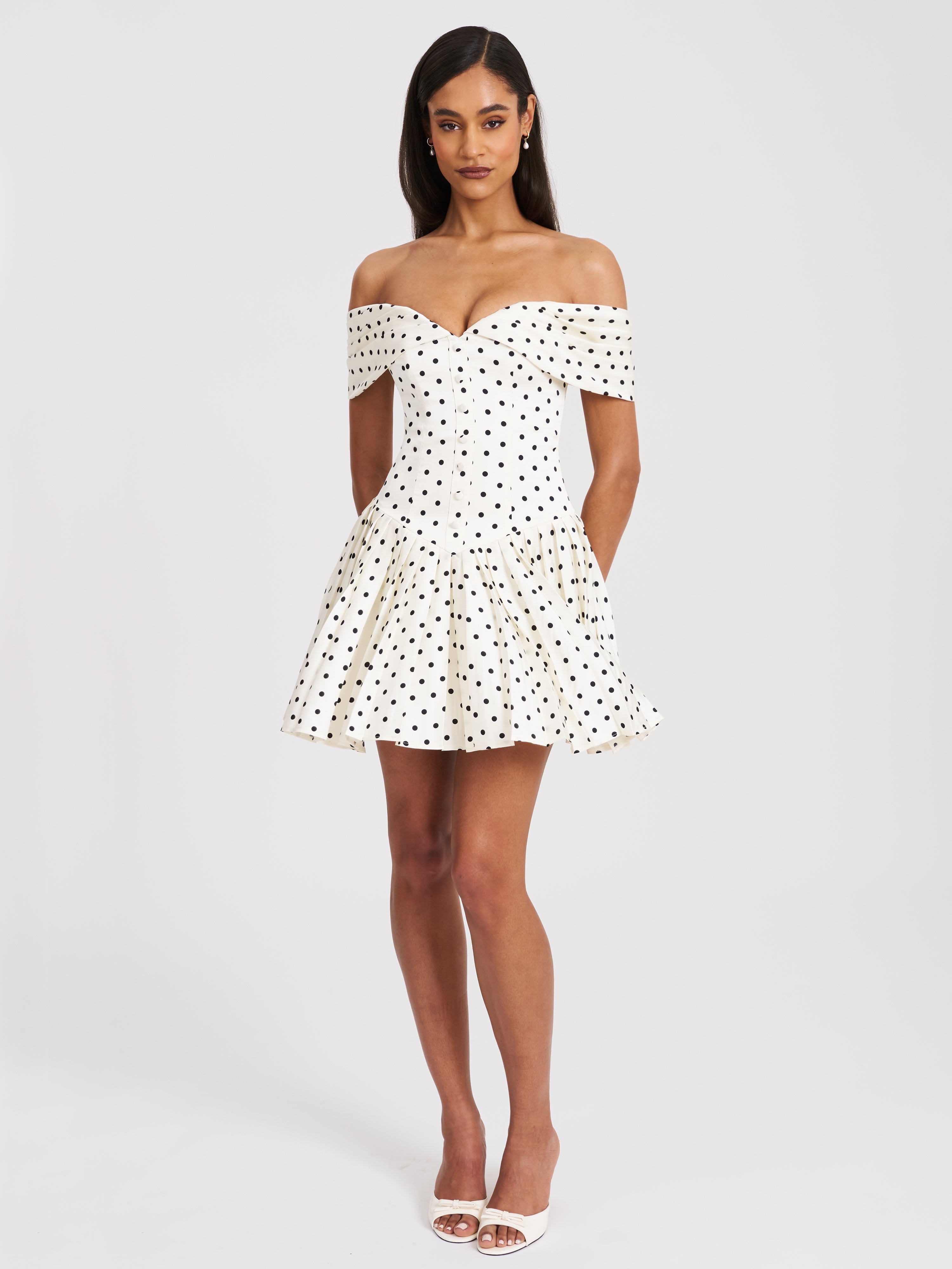 Edeline Polka Dot Off-shoulder Pleated Mini Dress