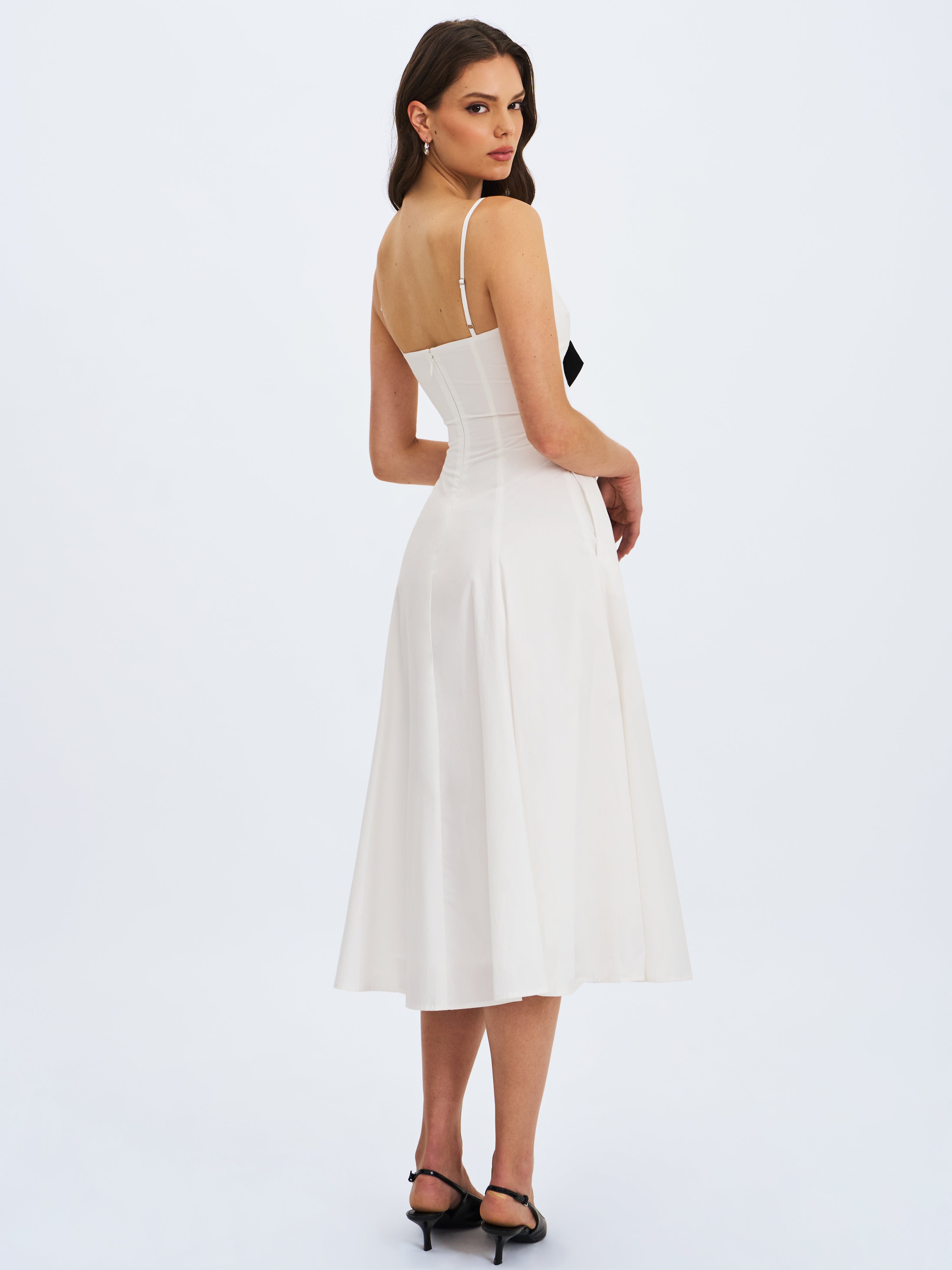 Corinne White Poplin Flared Maxi Dress with Removable Bow