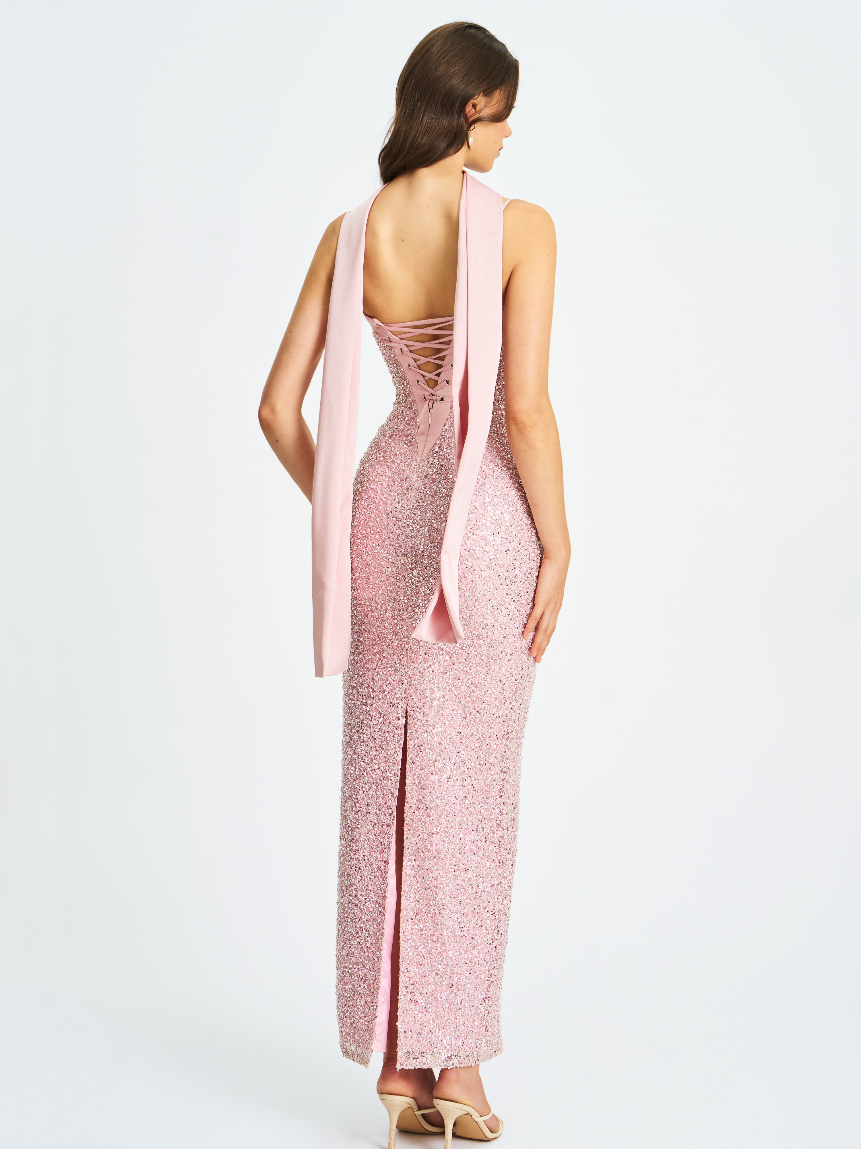 Raizel Pink Beaded Sequin Bodycon Gown with Scarf