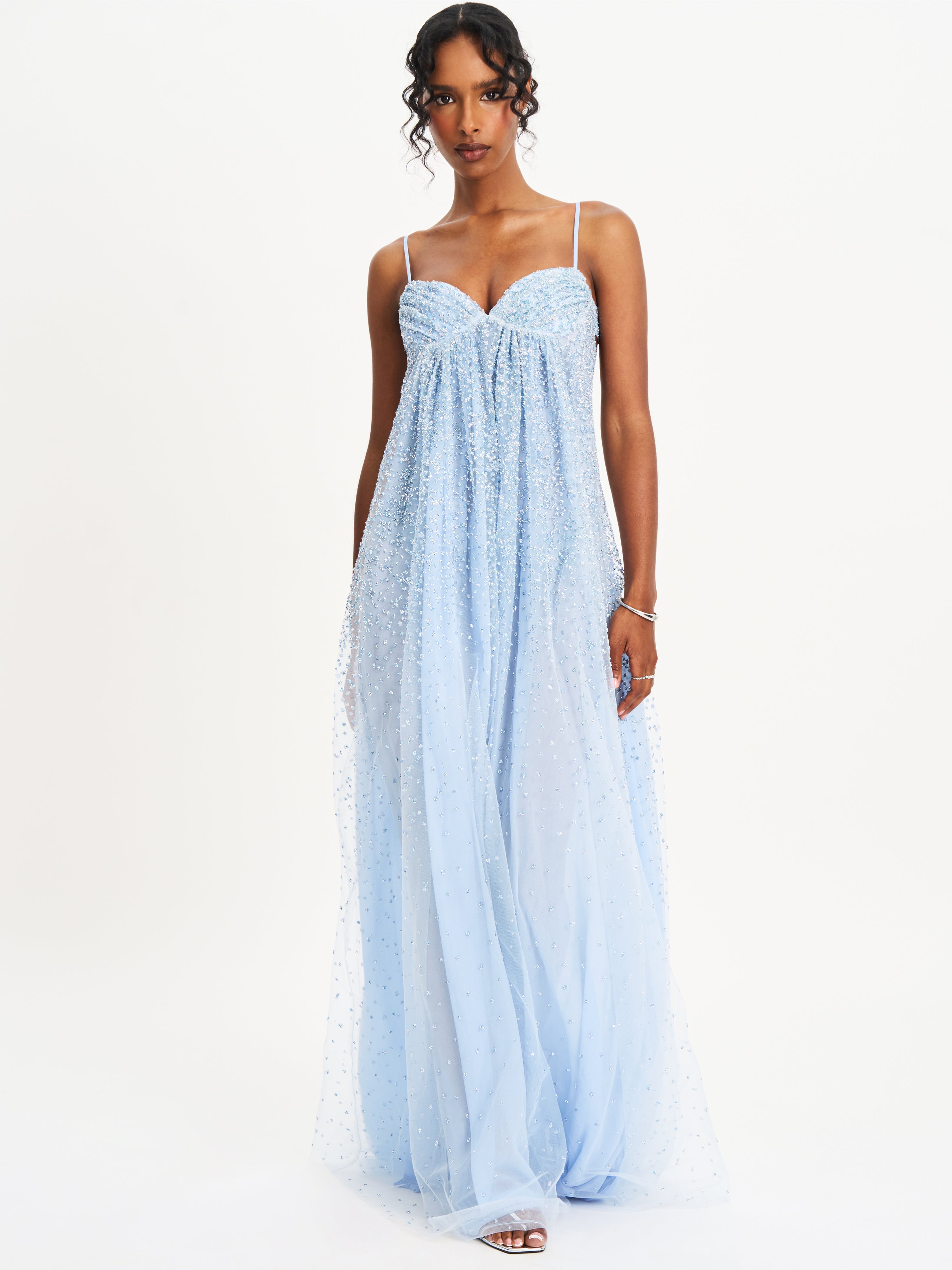Wallie Baby Blue Rhinestone Embellished Mesh Backless Gown