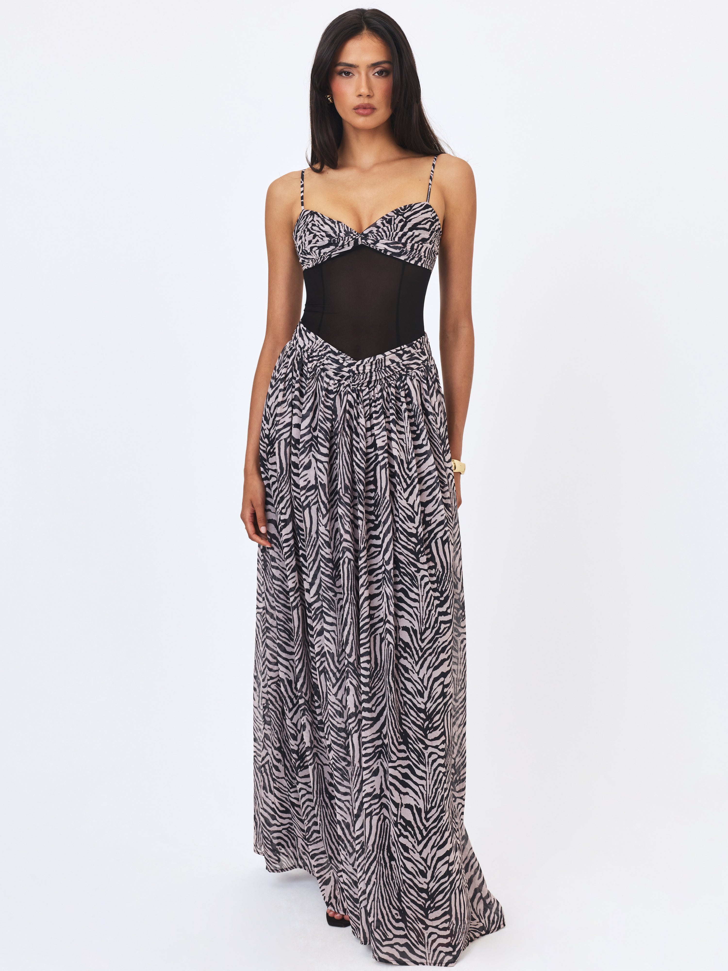 Onora Zebra Print Chiffon Dipped Waist Maxi Dress