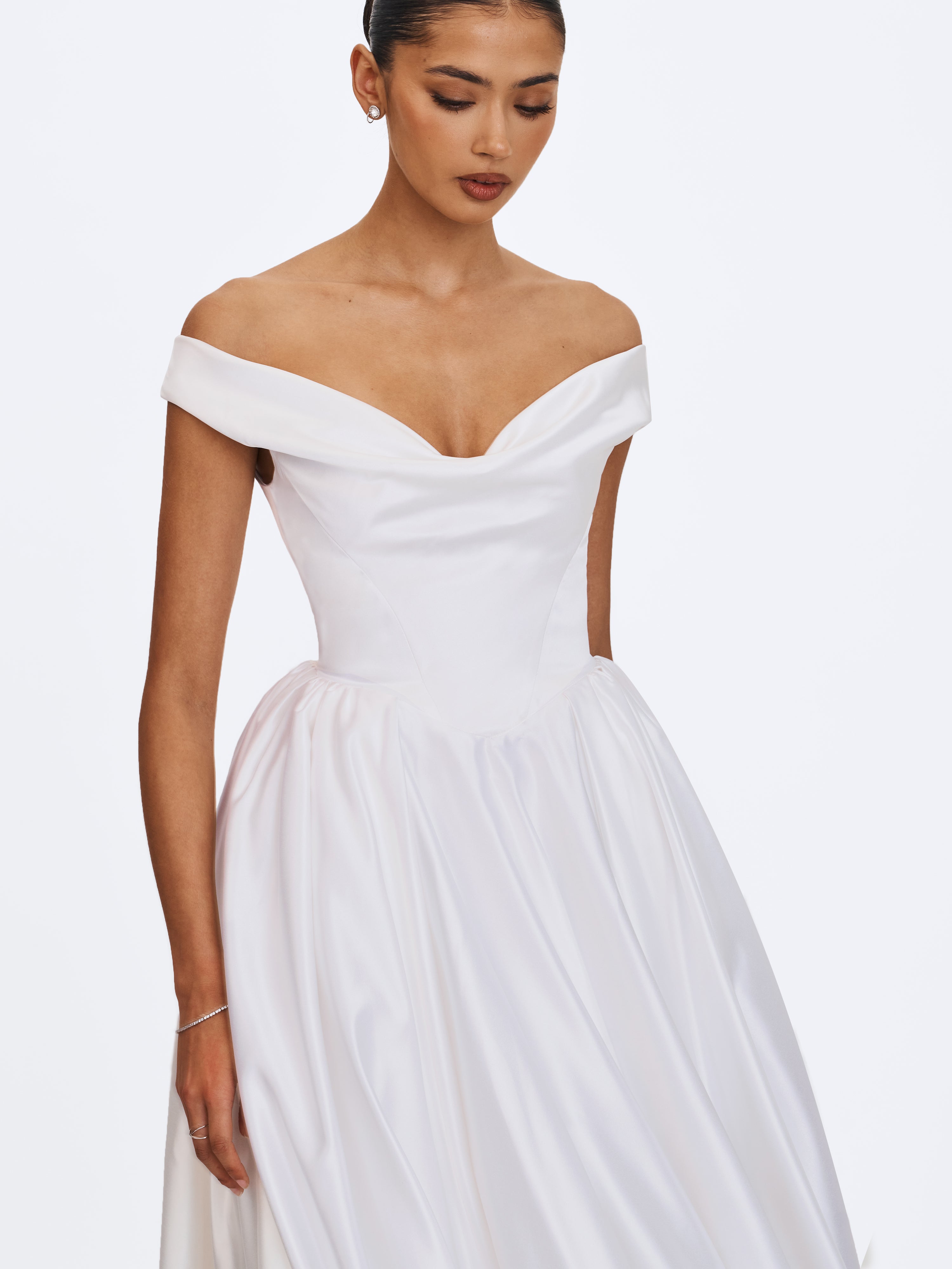 Unna White Satin Bardot Cowl Wedding Gown (PREORDER)
