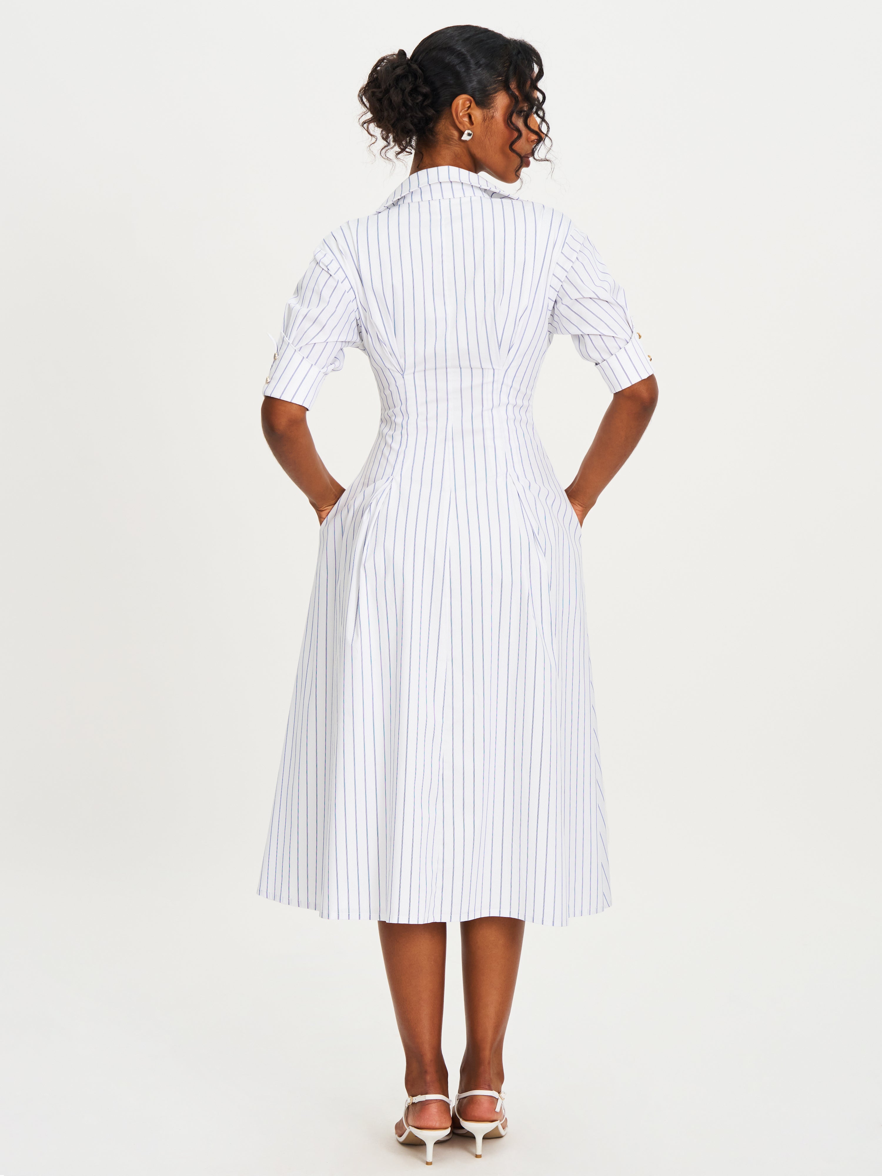 Palina Pinstripes Cotton Poplin Pleated Midi Preppy Shirt Dress