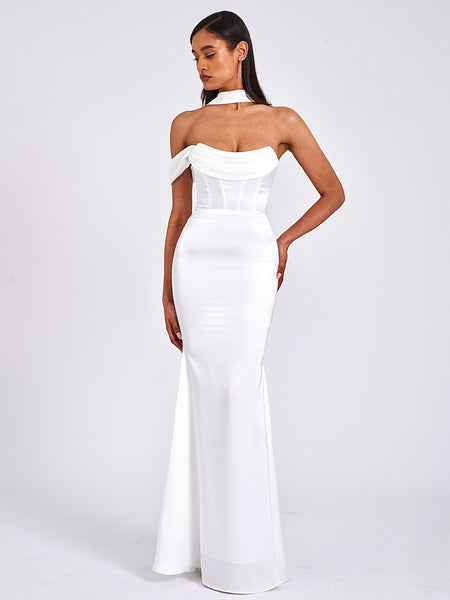 Ivona White Halter Neck Double Duchess Satin Gown – Miss Circle